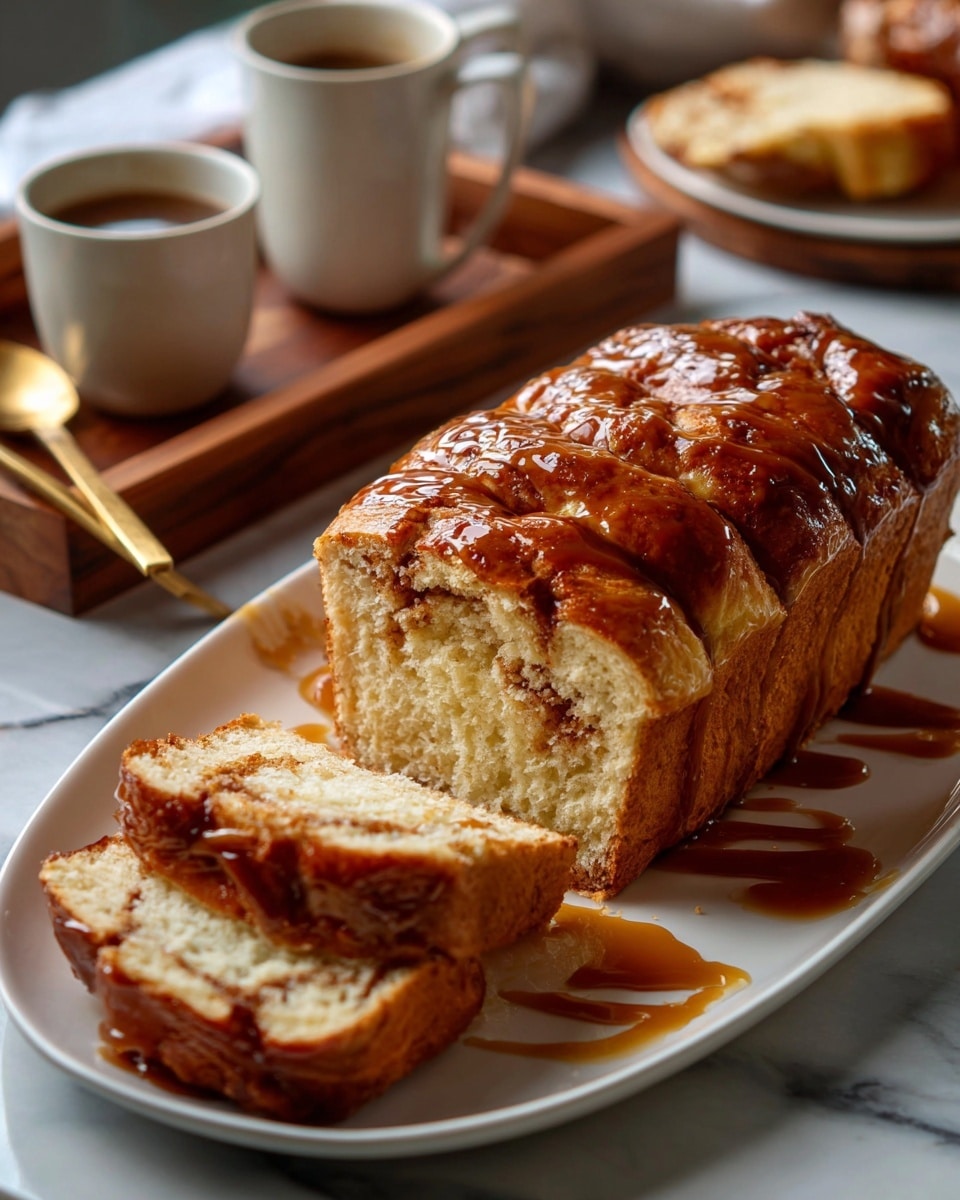 A loaf of cinnamon swirl bread sits on a white oval plate with a drizzle of caramel sauce underneath and on top, giving it a shiny look. The bread has a golden brown crust with a deep caramel glaze and a soft, light beige inside that shows a darker cinnamon swirl running through it. Two slices are cut from the loaf and placed slightly to the side, showing the moist texture and cinnamon layers. The background has a white marbled texture with blurred cups and a wooden tray behind the bread, making the loaf the focus. photo taken with an iphone --ar 4:5 --v 7