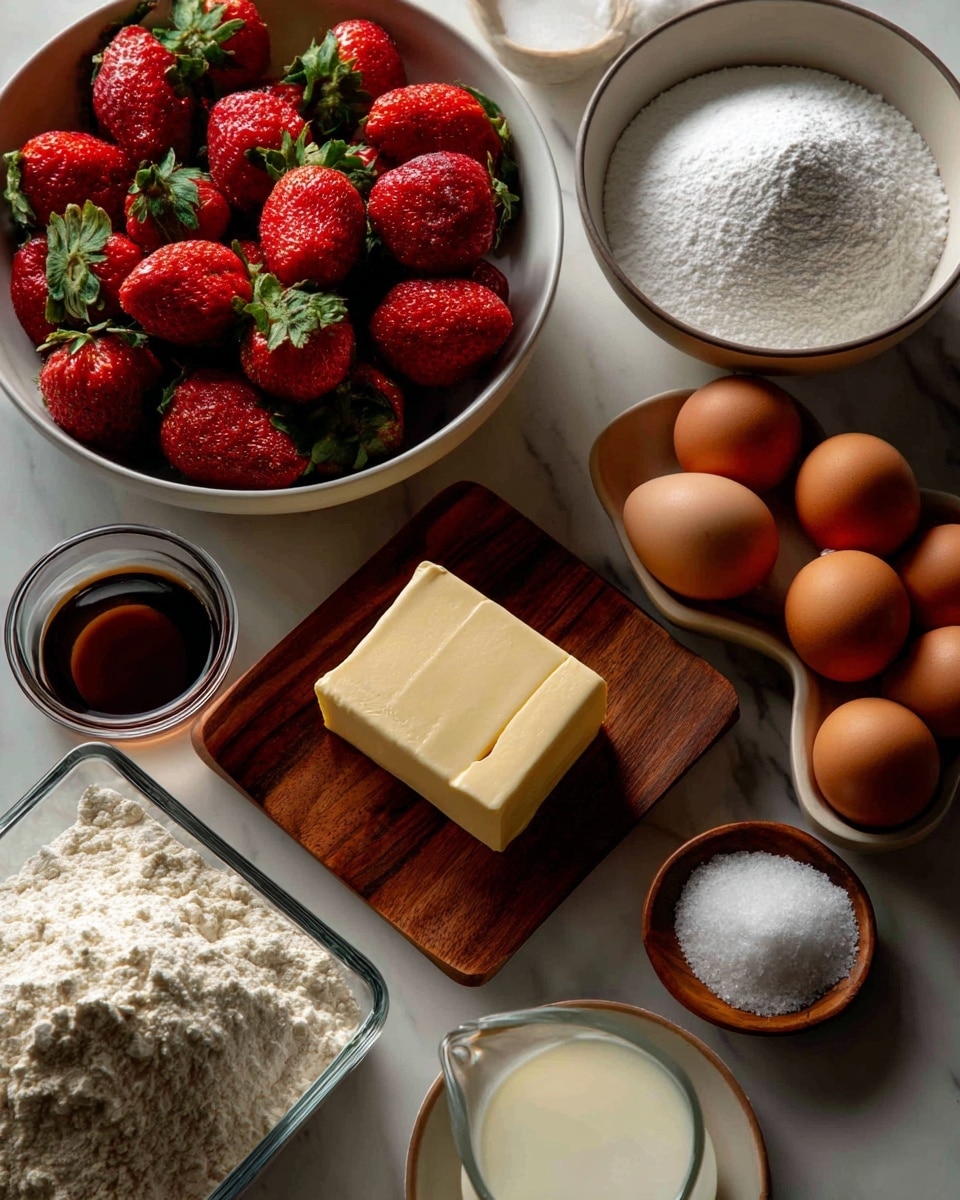 The image shows nine ingredients placed on a white marbled surface. Starting from the top left, there is a white bowl filled with bright red strawberries with green leaves on top, next to it on the right is a white bowl filled with white powdered sugar. Below the strawberries is a small glass container with dark brown liquid, followed by a square wooden plate holding a block of pale yellow butter at the center. Next, there are five brown eggs scattered to the right, arranged loosely in a loose cluster. At the bottom left, a clear rectangular container holds a mound of white flour, beside it on the right is a small white bowl filled with light cream-colored milk. Finally, there is a small round wooden bowl containing white salt. The photo is taken with an iphone --ar 4:5 --v 7