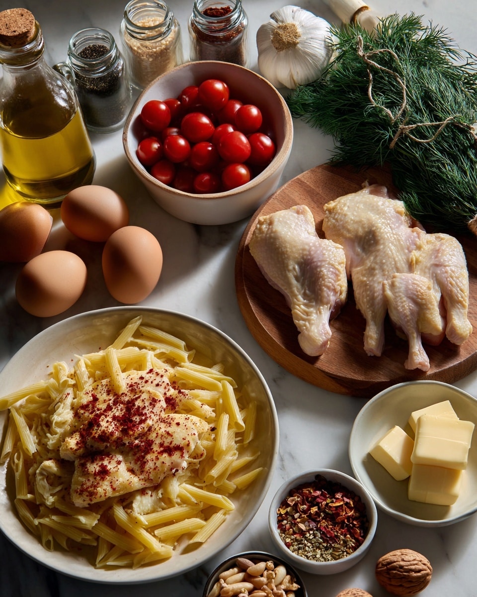 The image shows ingredients arranged neatly on a white marbled surface. In the center right, there are five raw chicken pieces placed on a round wooden board. Above the board is a white bowl filled with cooked egg noodles topped with three pieces of cooked chicken and sprinkled with red spices. To the left of the chicken pieces, there are three brown eggs next to a small bunch of fresh green dill tied with a string. Above the eggs and dill, there's a white cup full of small, bright red cherry tomatoes. Near the top left corner, a glass bottle filled with olive oil sits next to glass containers holding ground spices and dried herbs. Above the wooden board to the right, there are three garlic bulbs, and near the chicken, a small glass bowl filled with coarse salt and another with mixed nuts and seeds. At the bottom center is a small white bowl with several slices of pale yellow butter, beside it is a ceramic bowl with crushed red pepper flakes. The whole setup has soft natural lighting. Photo taken with an iphone --ar 4:5 --v 7
