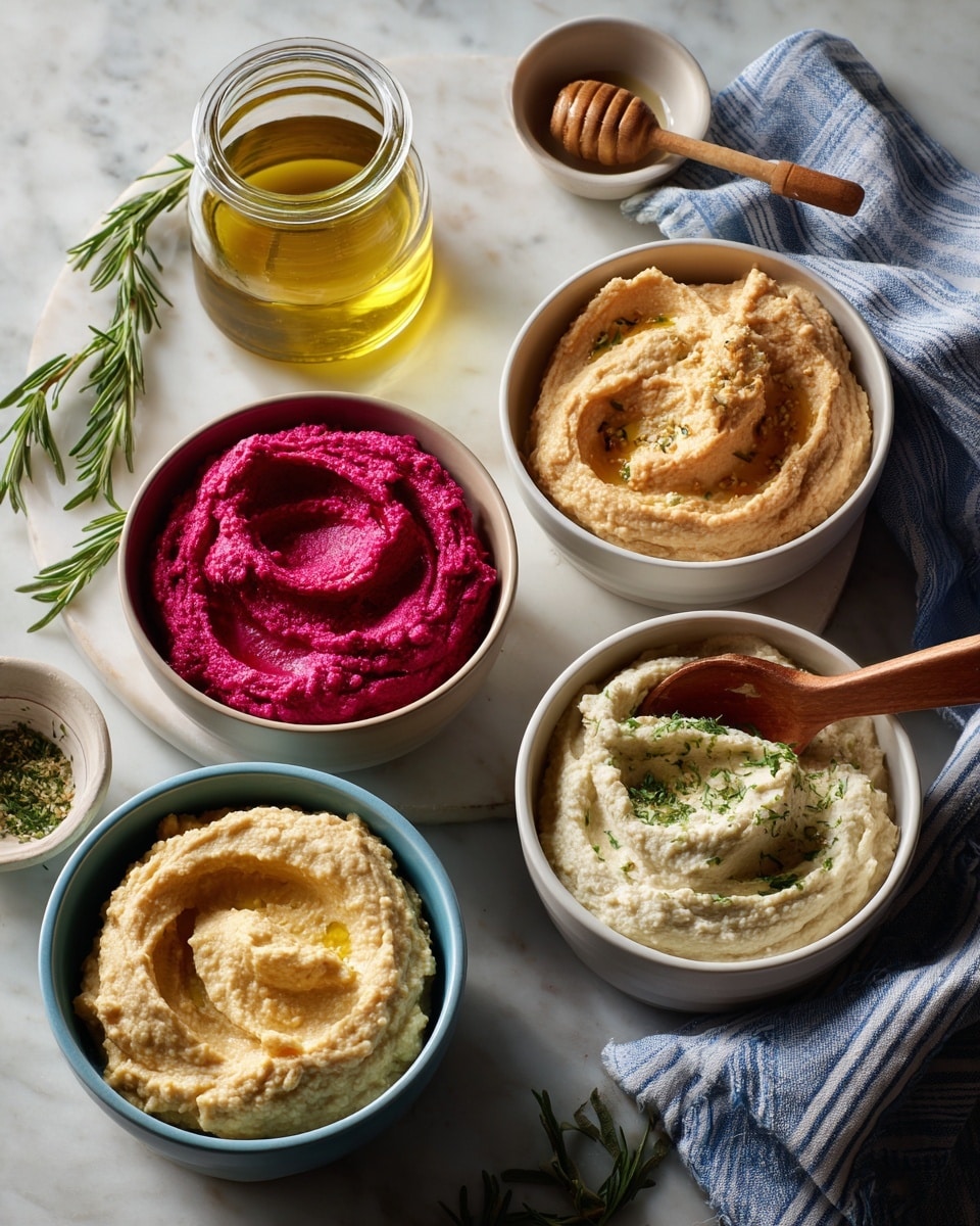 The image shows six bowls of hummus placed on a white marbled surface, each with a smooth creamy texture and slight swirls on top. Starting from the top left, a bowl contains bright deep pink beet hummus with a swirled pattern, next to it is a small clear jar of golden olive oil. To the right of the jar, a white bowl holds beige ranch hummus with a small wooden spoon resting inside. Below the ranch hummus is a bowl of light tan Mediterranean hummus, also with a swirled top. On the bottom right, a small bowl contains off-white rosemary sea salt hummus with a tiny wooden spoon. To the left of this, a light blue bowl holds the original hummus in pale creamy color with swirls. Above the original, a white bowl holds pale jalapeño lime hummus with some green specks and a wooden spoon inside. A blue and white striped cloth is casually laid out near the Mediterranean hummus bowl. The scene is bright and clean with soft shadows, photo taken with an iphone --ar 4:5 --v 7