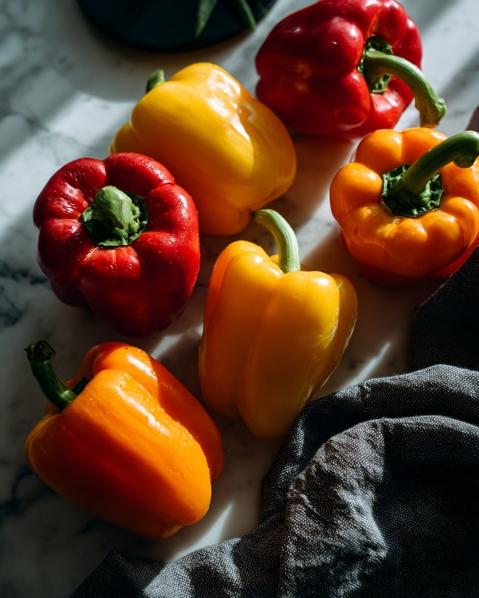 The image shows six whole bell peppers arranged on a white marbled surface. There are two red peppers positioned at the top and middle right, two yellow peppers placed near the center and bottom right, and two orange peppers located at the bottom left and top right. The peppers have smooth, shiny skin with slight natural curves and green stems. A dark gray cloth is partially visible in the bottom right corner, and a black round object is seen in the top left corner. The lighting casts soft shadows, highlighting the vibrant colors and textures of the peppers. Photo taken with an iphone --ar 4:5 --v 7