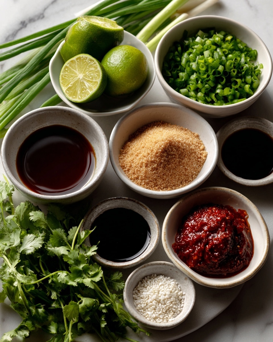 The image shows six small white bowls arranged neatly on a white marbled surface, each containing a different ingredient. In the top left bowl are bright green lime wedges, followed by finely chopped fresh green onions in the top right bowl. Below them, the middle-left bowl holds rich brown soy sauce with a smooth surface, while the middle-center bowl contains light brown, soft brown sugar. The middle-right bowl is filled with bright red sambal oelek chili paste with a slightly chunky texture. The bottom-left bowl has dark, glossy Worcestershire sauce, and the bottom-right bowl features white sesame seeds with a light sprinkle of salt. Fresh green cilantro sprigs are scattered near the bottom edge of the image. photo taken with an iphone --ar 4:5 --v 7
