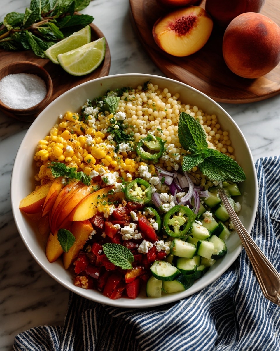 A white bowl filled with a colorful salad showing five layers: small pearl-like couscous at the base, chopped bright yellow peaches, grilled yellow corn pieces, bright red diced bell peppers, and light green cucumber chunks mixed with sliced green jalapeño rings and thin purple onion strips, garnished with small green mint and cilantro leaves and crumbled white cheese pieces, a silver spoon rests inside the bowl, all placed on a white marbled surface with a striped blue and white cloth on the side and lime halves with fresh mint leaves on a wooden plate nearby, two whole peaches and small white bowls of salt also visible. photo taken with an iphone --ar 4:5 --v 7