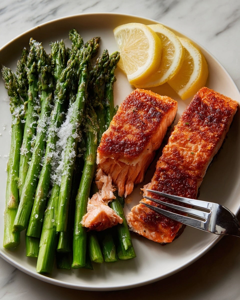 On a white plate placed on a white marbled surface, there are four thick green asparagus stalks on the left side, shiny and fresh with a light sprinkle of sea salt. Next to them on the right side are two rectangular pieces of cooked salmon with a dark, crispy reddish-brown crust, one piece slightly separated by a fork showing the soft, light pink inside. On the far right of the plate are two thin lemon slices arranged close together. The overall look is clean, focused on the contrast between the green asparagus, the salmon’s crust, and the white plate. Photo taken with an iphone --ar 4:5 --v 7