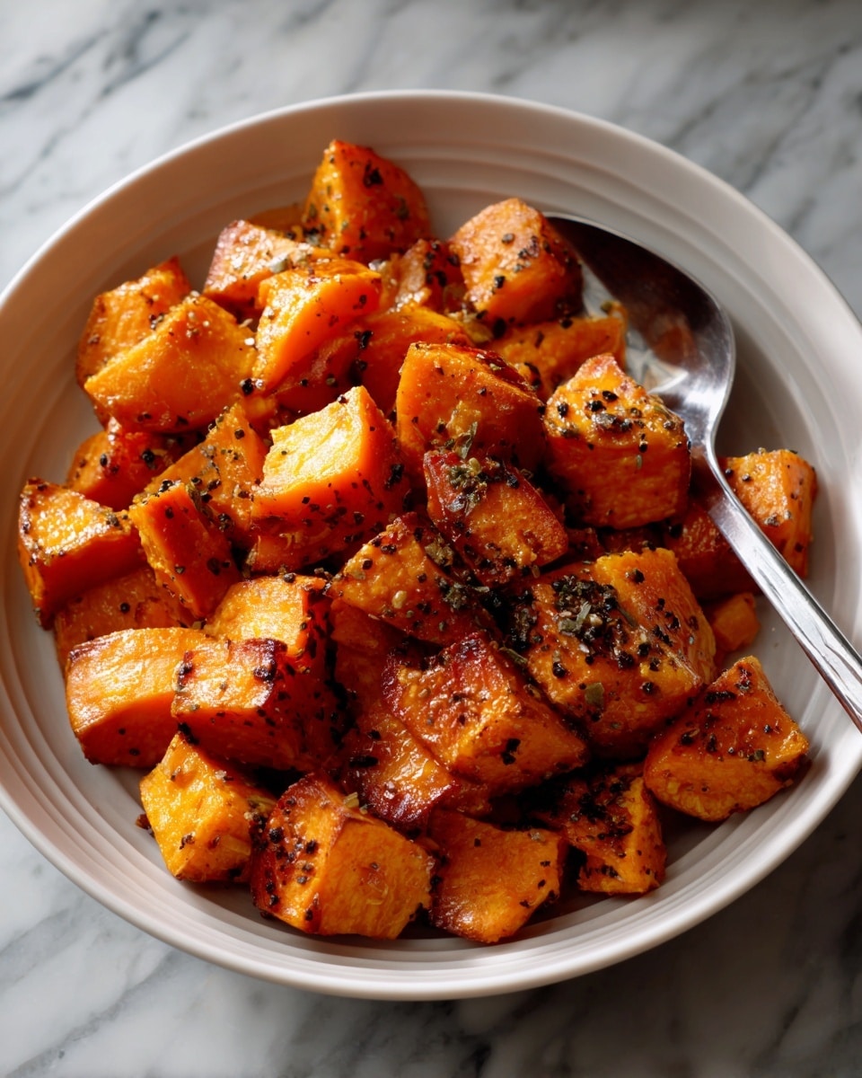 Inside a white bowl on a white marbled surface, there are many small, golden brown and slightly charred cubes with a shiny texture, showing a roasted finish. These cubes are spread out evenly across the bowl, with some pieces stacked slightly on top of others, creating a single, thick layer. A silver spoon rests inside the bowl at the bottom right, reflecting light and subtly picking up some of the cubes. The overall color palette contrasts warm orange and brown tones with the clean white of the bowl and background. photo taken with an iphone --ar 4:5 --v 7