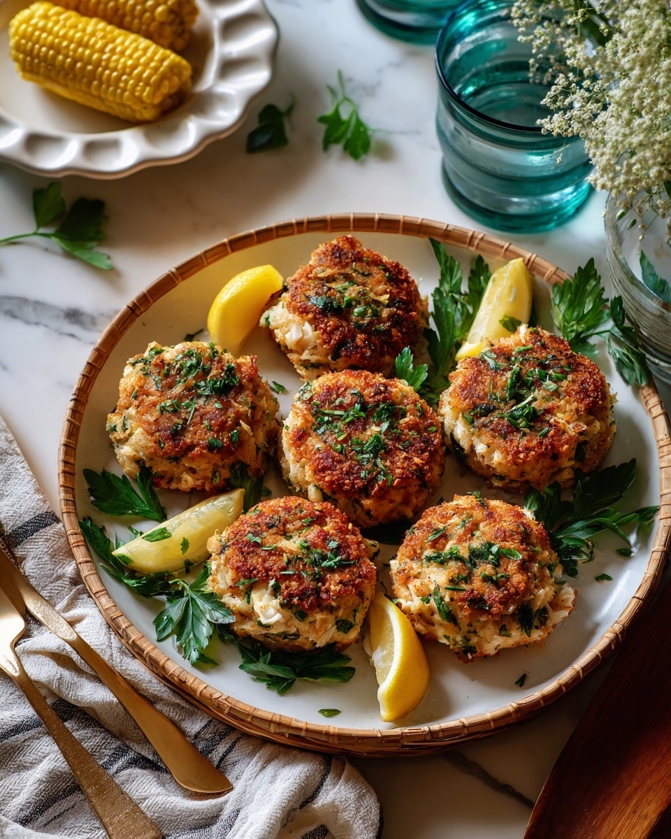A white round plate with a woven light brown rim holds six crab cakes, each shaped in a rough circle with a golden brown crust and visible chunks of white crab meat mixed with green herbs. Three small yellow lemon wedges are placed around the crab cakes. The plate sits on a white marbled surface covered partially by a striped beige cloth. To the right, a white plate holds three yellow corn on the cobs. At the bottom, a white scalloped dish holds more lemon wedges. Two blue-tinted glasses with water are placed to the left. Some green parsley leaves and white small flowers decorate the background. Photo taken with an iphone --ar 4:5 --v 7