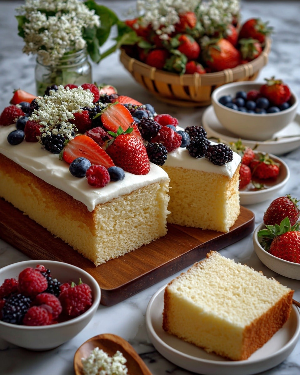 A square piece of light yellow cake with a soft, fluffy texture forms the bottom layer, topped by a thick, smooth white frosting layer. On top of the frosting, there is a vibrant mix of fresh berries including sliced strawberries, whole blueberries, and a blackberry, adding red, blue, and black colors with a juicy texture. The cake sits on a white plate with a thin tan rim, placed on a brown wooden surface. In the background, there are more pieces of the same cake slightly out of focus along with some flowers and a wooden basket, all set against a white marbled texture background. Photo taken with an iphone --ar 4:5 --v 7