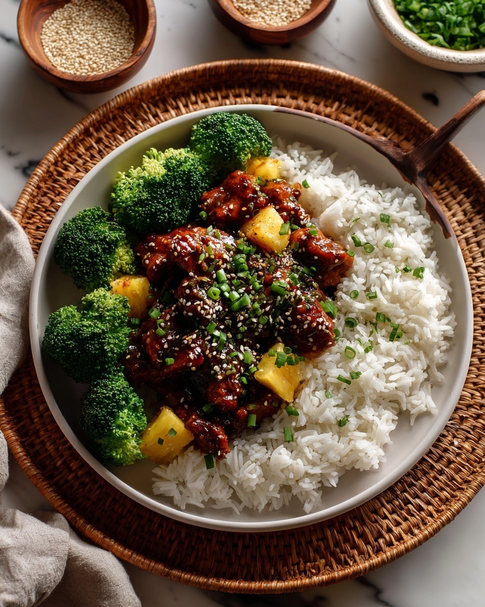 A white plate sits on a round woven rattan tray, with a base layer of white rice spread out in the center. On top of the rice, there is a layer of cubed chicken coated in a shiny, dark brown sauce, accompanied by browned pineapple chunks and sprinkled with small green onion pieces and sesame seeds. Around the edge of the plate, bright green broccoli florets add color and texture, forming a ring. The whole setup is on a white marbled surface with a bowl of sesame seeds and another bowl of broccoli visible at the top of the frame. Photo taken with an iphone --ar 4:5 --v 7