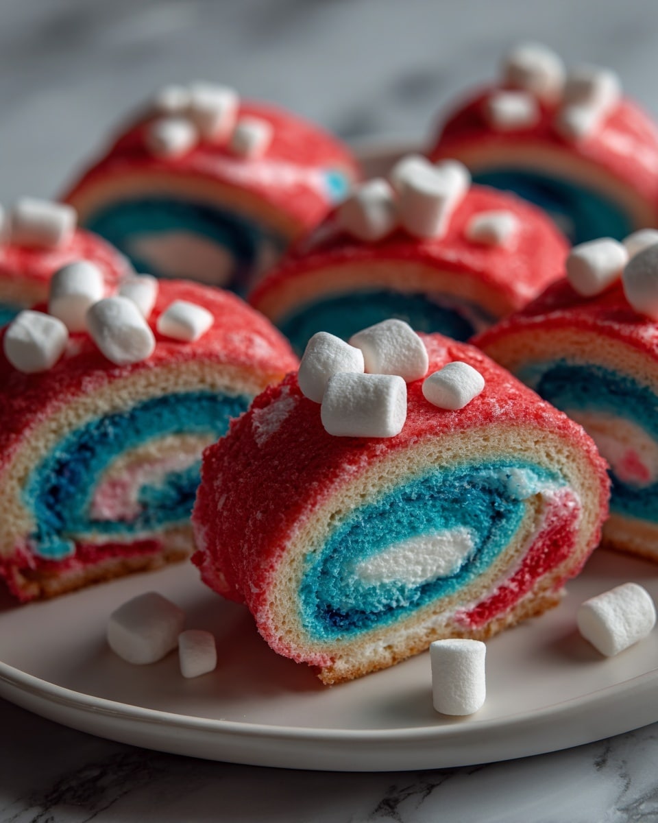 This image shows a white bowl filled with red and blue rolled desserts that look like jelly or gummy candy. Each roll has two visible layers: the outer layer is either bright red or bright blue with a smooth, shiny texture, while the inner layer is a lighter shade of the same color, forming a spiral pattern in the center. Small white marshmallows are scattered around and between the rolls, adding contrast. The bowl sits on a white marbled surface. photo taken with an iphone --ar 4:5 --v 7
