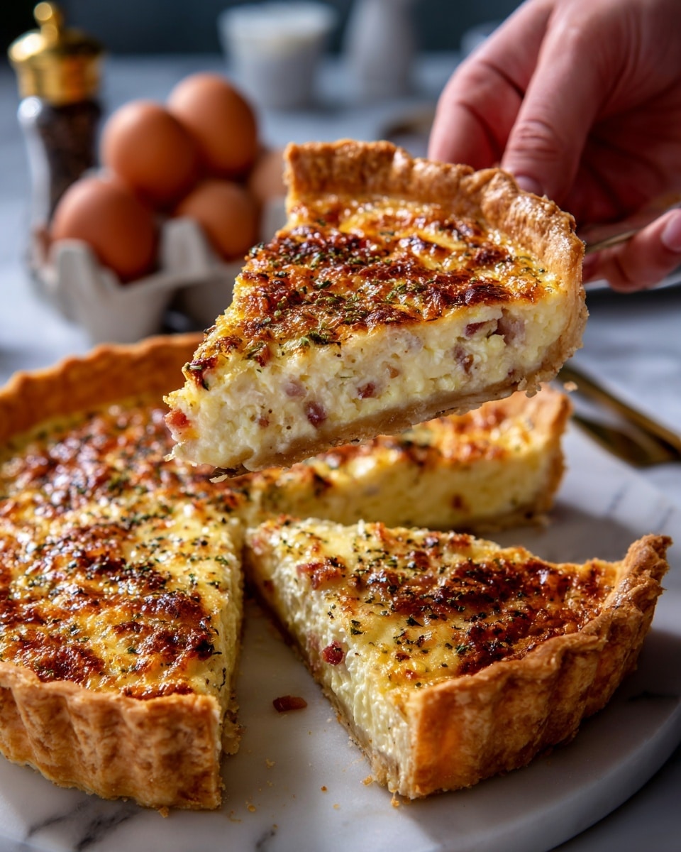 The image shows a slice of quiche being lifted with a metal spatula over a white marbled surface. The quiche has a thick, golden brown crust that is slightly crimped along the edge. The filling has a yellow, creamy texture with small bits of browned ingredients visible inside, likely cheese and ham, with a slightly glossy surface and a few specks of black pepper. The quiche sits on a clear glass pie dish, and there are two brown eggs and a pepper container blurred in the background. Photo taken with an iphone --ar 4:5 --v 7