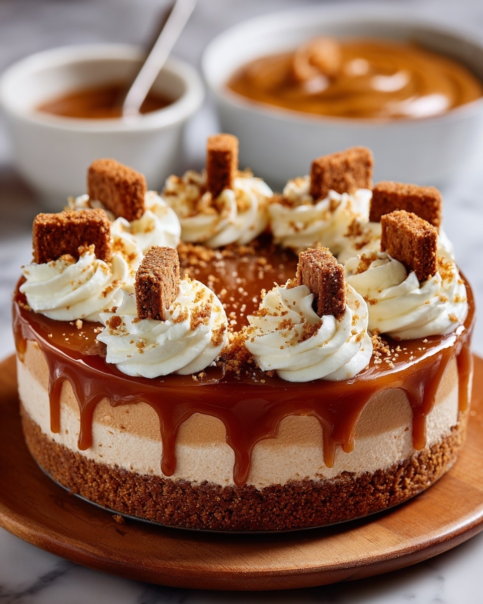 A round cheesecake with three visible layers sits on a wooden board placed on a white marbled surface. The bottom layer is a crumbly, brown crust. The middle layer is a smooth light brown cheesecake. The top layer is a shiny caramel glaze that slightly drips down the sides. Around the edge of the cheesecake, there is a ring of white whipped cream piped into swirled peaks. Each peak holds a small rectangular brown cookie, evenly spaced, with some cookie crumbs sprinkled on the whipped cream. In the background, more cookies and a bowl of caramel sauce are visible. Photo taken with an iphone --ar 4:5 --v 7