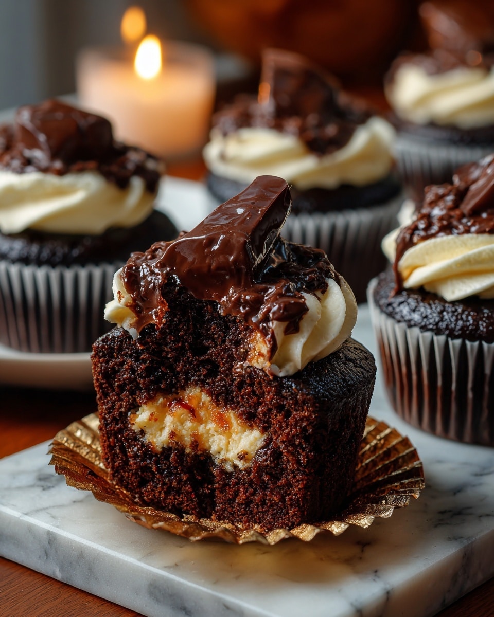 A dark brown cupcake in a shiny gold wrapper sits centered with three layers: the base is a chocolate cupcake, topped by a thick swirl of white cream frosting dotted with small gold and silver round sprinkles, and crowned with a cone-shaped chocolate piece that looks smooth and glossy. The cupcake is on a rustic brown surface, with a blurred background showing more cupcakes and warm light. A golden jingle bell sits near the cupcake on the right. photo taken with an iphone --ar 4:5 --v 7