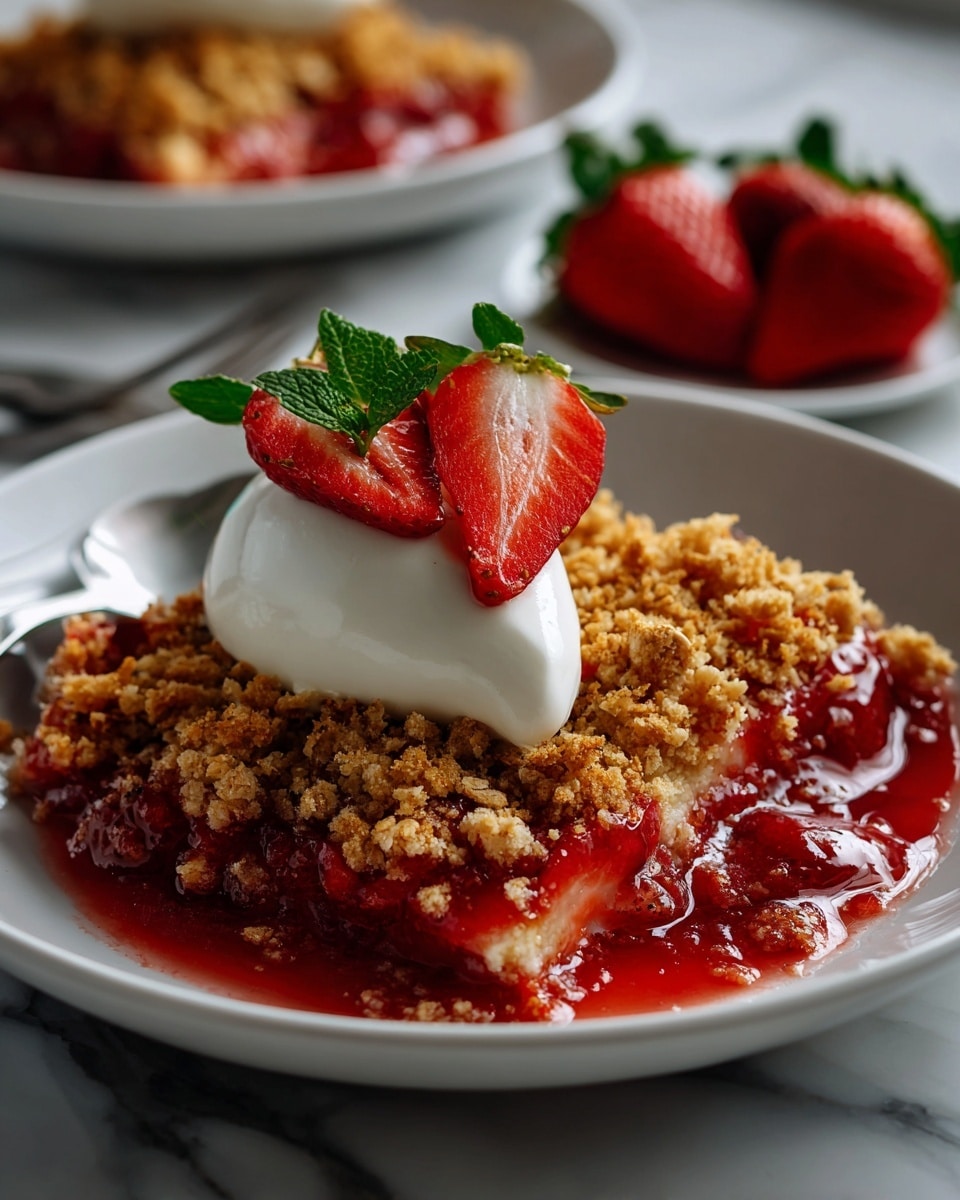 The image shows a close-up of a white plate with a strawberry crumble dessert. The bottom layer is a bright red, glossy strawberry filling with a thick, juicy texture. On top of this is a golden-brown crumble layer that looks crunchy and crumbly, with small and large pieces. Above the crumble is a dollop of smooth white cream, slightly melting over the crumble. Two halves of a fresh strawberry, showing their bright red interior and green leaves, sit neatly on the cream. Around the plate, the background is a white marbled texture with another strawberry slice partially visible. Photo taken with an iphone --ar 4:5 --v 7