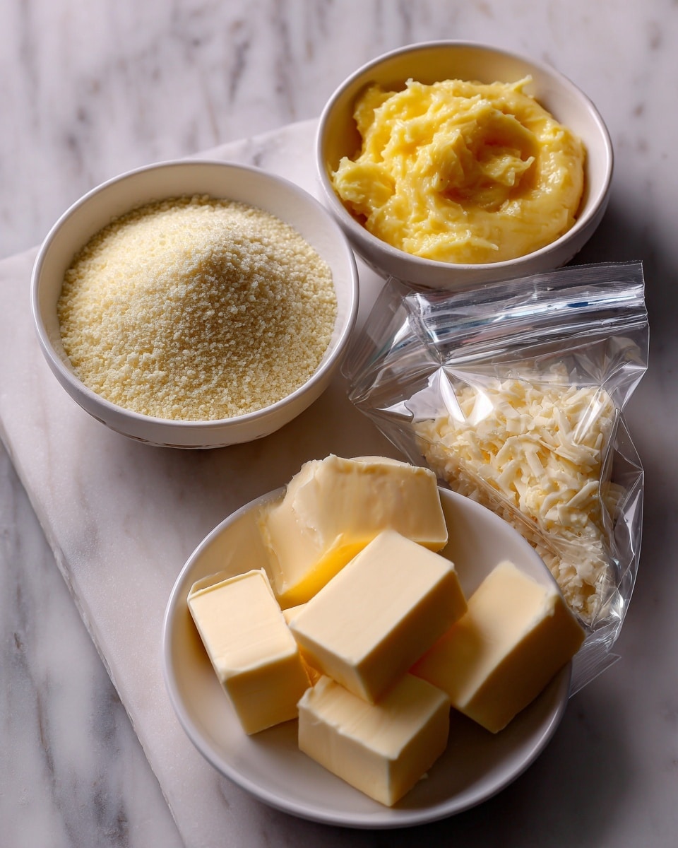 The image shows three small white bowls and one transparent plastic bag placed on a white marbled surface. Two bowls on the top contain bright yellow lemon pie filling with a smooth, slightly glossy texture. Below and to the left, there's a clear plastic bag filled with pale yellow lemon cake mix powder that has a fine, grainy texture. At the bottom center, a white bowl holds several square slices of pale yellow salted butter, which look soft and slightly creamy. The items are spaced evenly with clear labels above each item. photo taken with an iphone --ar 4:5 --v 7