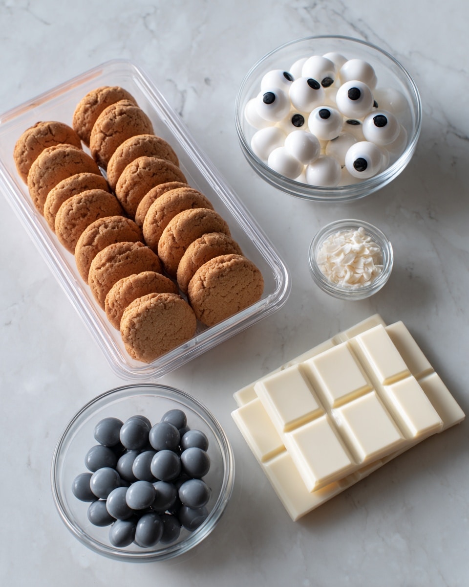 The image shows four groups of ingredients placed on a white marbled surface. At the top left, there is a clear plastic tray filled with two neat rows of light brown, round Nutter Butter cookies. To the right of the tray, a small clear bowl holds white candy eyeballs with black pupils. Below the tray, another clear bowl contains small, smooth, round dark gray candy melts. To the right of the candy melts, a block of white almond bark with square segments is placed directly on the white marbled surface. photo taken with an iphone --ar 4:5 --v 7