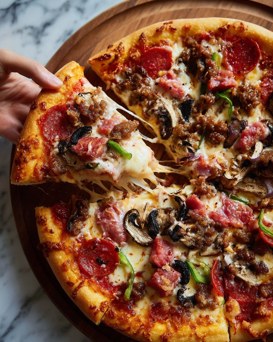 A thick pizza with a light golden crust on a wooden board, topped with melted mozzarella cheese covering the whole surface. The toppings include red pepperoni slices, brown mushroom pieces, black olive rings, green bell pepper strips, small chunks of sausage, and bits of ham, all spread evenly over the cheese. One slice is being lifted, showing strings of melted cheese stretching from the base. The background is a white marbled texture. Photo taken with an iphone --ar 4:5 --v 7