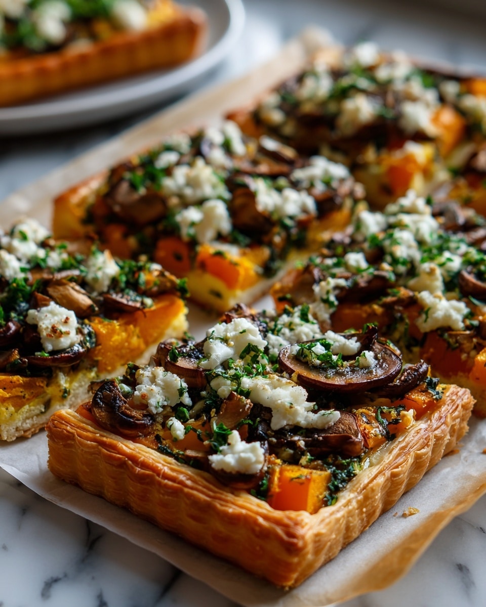 Two images side by side show fresh ingredients on different surfaces. On the left, small orange pieces of squash are in a clear glass bowl placed on a dark wooden surface, with one larger piece of squash outside the bowl. On the right, sliced white onions are piled next to roughly chopped brown mushrooms on a white marbled surface, with sprigs of fresh green herbs, whole garlic cloves, and some rosemary placed around them. photo taken with an iphone --ar 4:5 --v 7