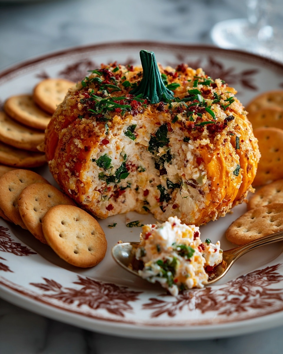 A round cheese ball shaped like a small pumpkin sits in the middle of a white plate with a brown floral border. The cheese ball has a smooth orange outer layer with visible ridges mimicking a pumpkin's shape, and a bright green stem sticking out from the top. A bite is taken out of the cheese ball, showing an inner creamy white layer mixed with small bits of red and green vegetables. The plate is surrounded by round pale yellow crackers, and one cracker holds some of the creamy cheese mixture. The background surface is white with a marbled texture. Photo taken with an iphone --ar 4:5 --v 7