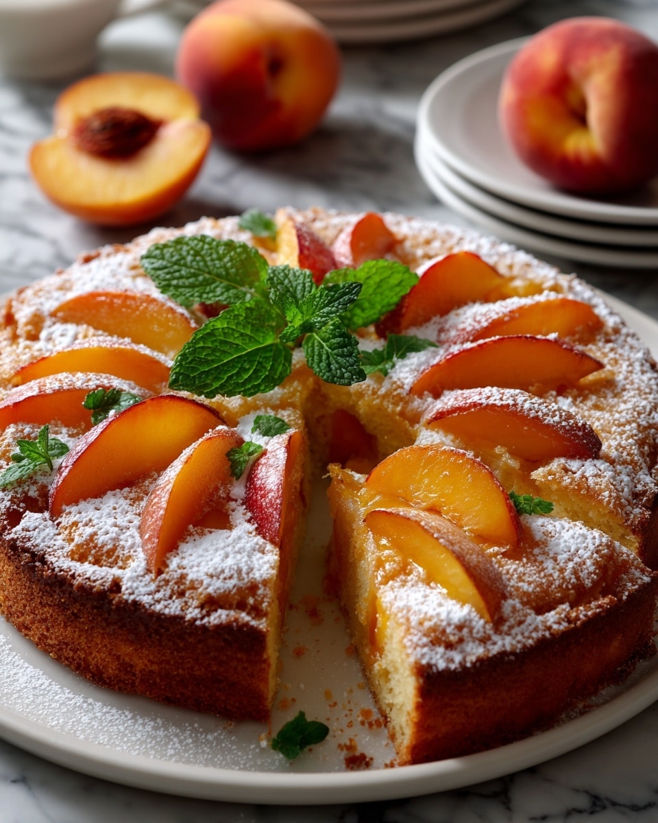 A round peach cake sits on a white plate, with about one slice removed, showing the light brown cake base beneath; the top layer is golden brown with several peach slices arranged in a circular pattern, sprinkled heavily with white powdered sugar, and a small green mint leaf decoration near the center, all placed on a white marbled surface with two peach halves nearby photo taken with an iphone --ar 4:5 --v 7