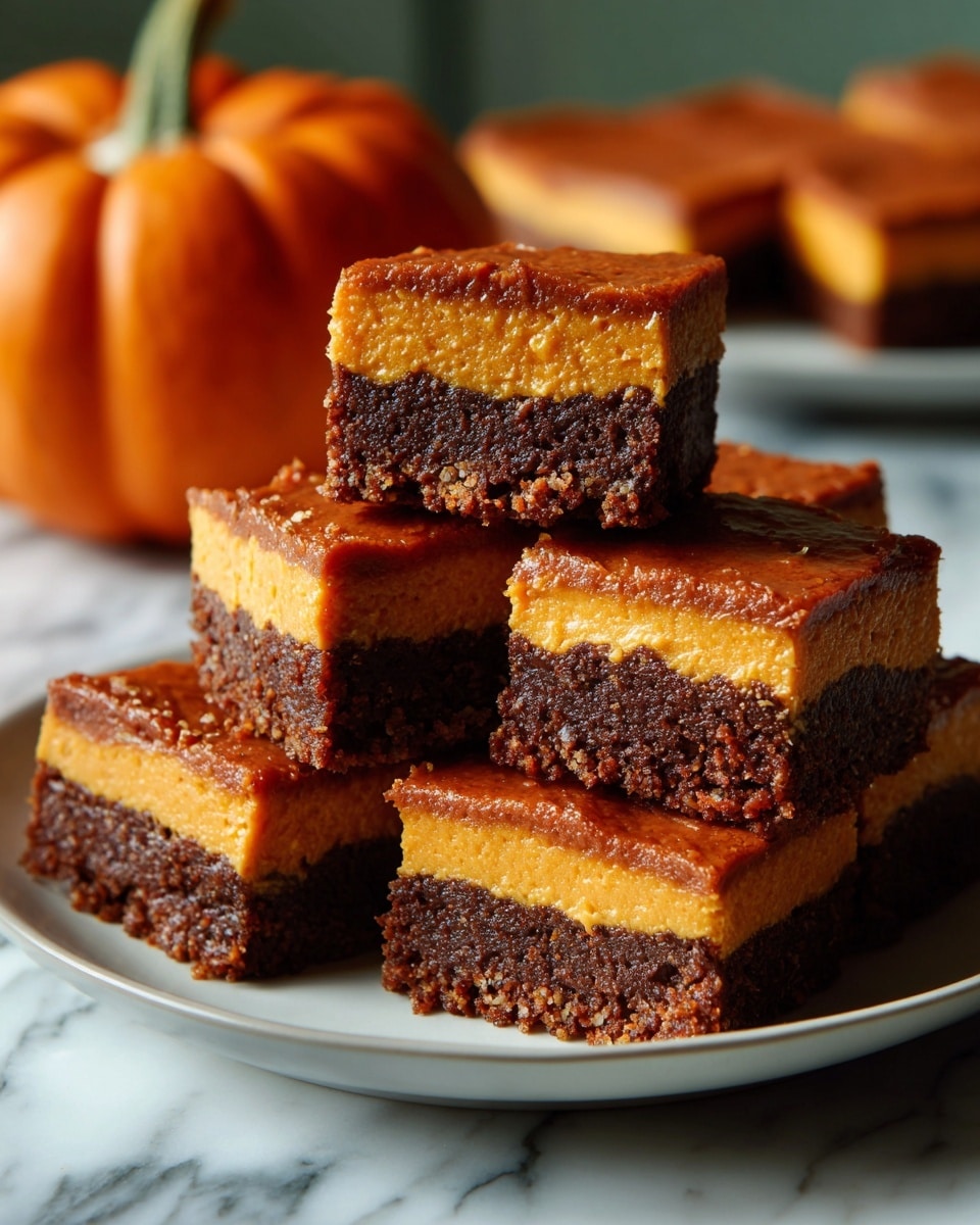 A stack of square dessert bars is shown on a white plate on a white marbled surface. Each bar has two distinct layers: a dark brown, dense bottom layer with a rich, fudgy texture, and a bright orange top layer that is smooth and creamy. The bars are neatly stacked, with one piece leaning vertically on another, showcasing the sharp edges and defined layers. In the background, there is a small orange pumpkin with a green stem, adding to the fall theme. The lighting highlights the texture and colors of the bars, giving the image a warm and cozy feel. photo taken with an iphone --ar 4:5 --v 7