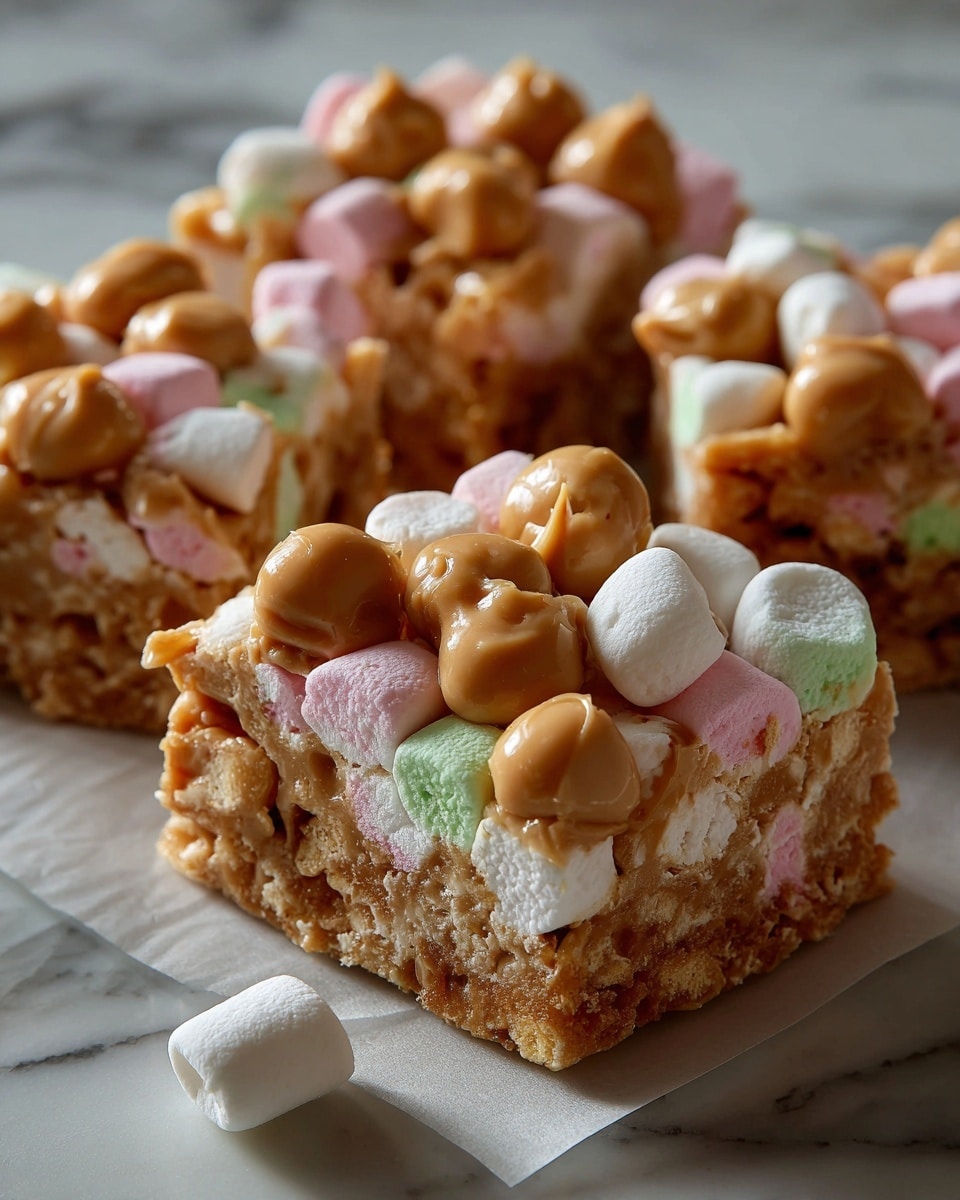 The image shows a close-up of a single square-shaped treat. It has two main layers: the base layer is a thick, sticky light brown layer with many small pastel-colored pieces embedded inside it, including pink, green, and white. On top, there is a layer of round, shiny puffs that are also light brown. The treat sits on a small white square paper placed on a white marbled surface. Near the treat, there is a single small white marshmallow. In the blurry background, there is a white glass with a drink. Photo taken with an iphone --ar 4:5 --v 7