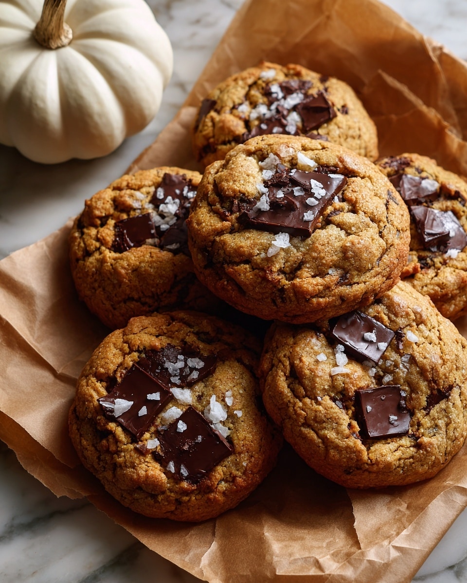 A close-up top view of a group of round chocolate chip cookies stacked and overlapping on light brown parchment paper, with melted chocolate swirls visible on each cookie and a light sprinkling of coarse salt on top. To the upper left, there is a small white decorative pumpkin lying on the parchment. The background shows a white marbled texture. photo taken with an iphone --ar 4:5 --v 7