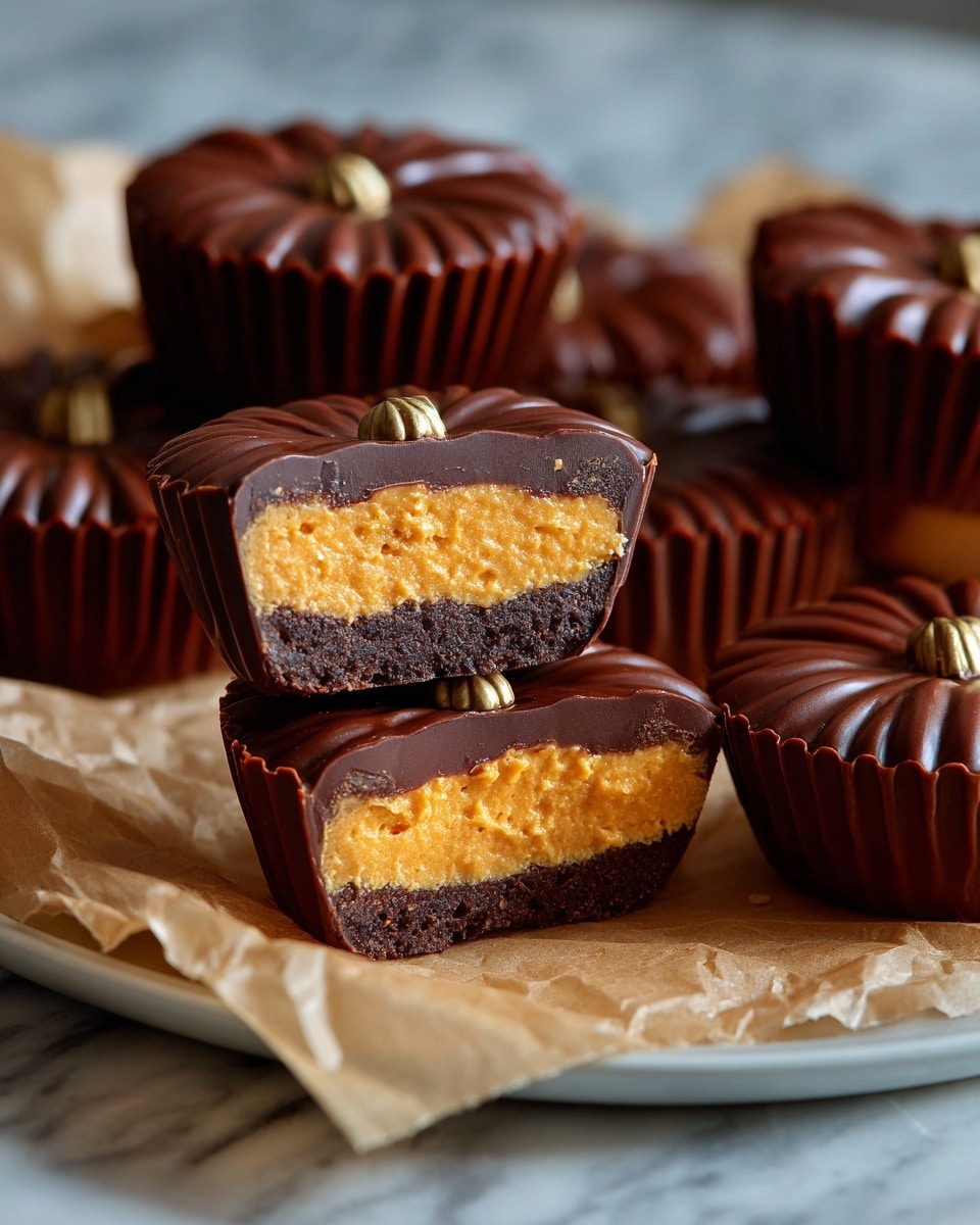 The image shows several small pumpkin-shaped pieces of candy, each with three layers. The top and bottom layers are dark brown and smooth with a subtle shine, forming a shell around the middle layer. The middle layer is thick, orange, and has a slightly crumbly texture, visible in the candy with a bite taken out of it. These candies are placed on crinkled light brown parchment paper on a white marbled surface. The lighting highlights the glossy surface of the dark brown layer and the texture of the orange filling. photo taken with an iphone --ar 4:5 --v 7