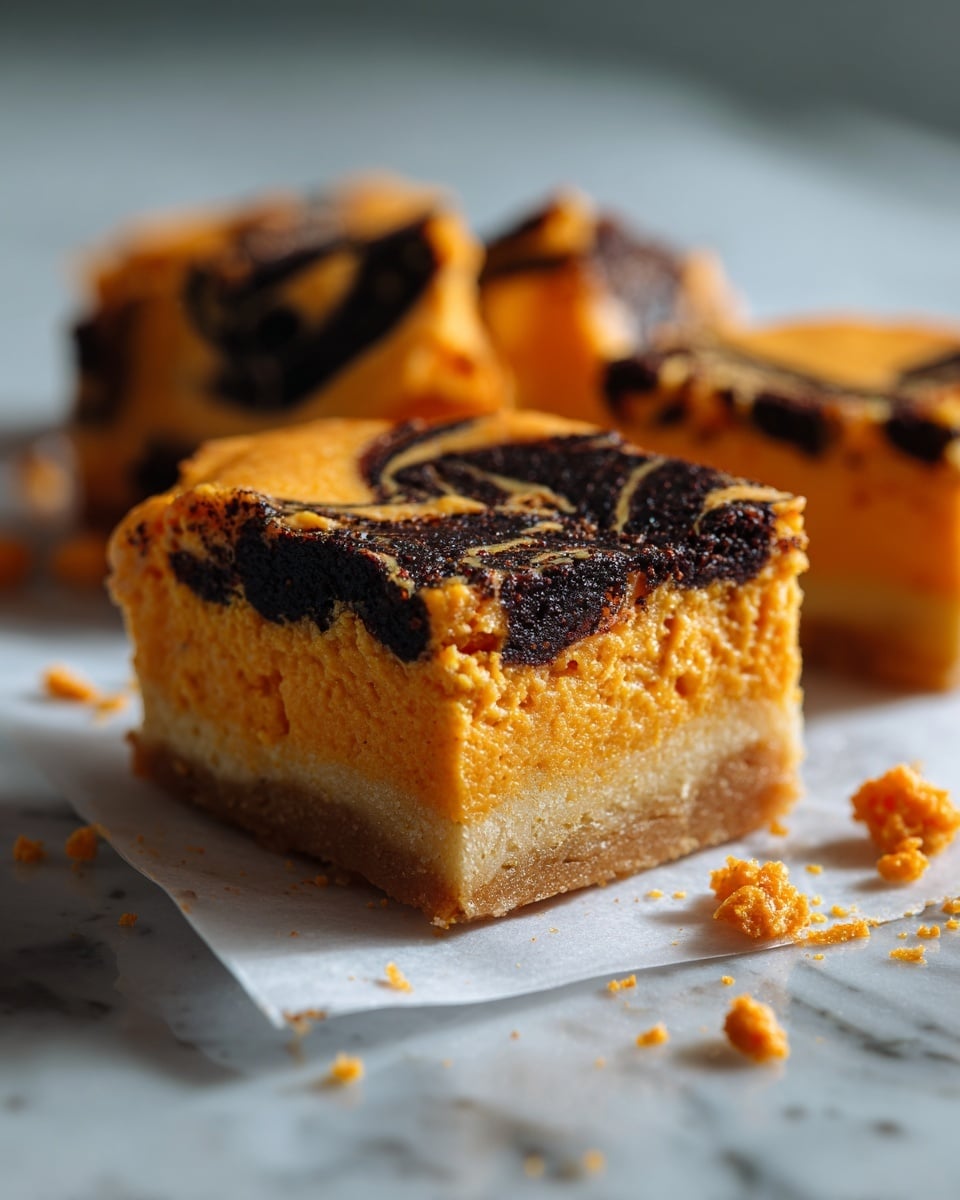 A rectangular cake with two visible layers, each thick and moist. The bottom layer is bright orange with a smooth texture, while the top layer is covered with a dark black frosting that has an uneven, swirled pattern mixing with the orange color underneath. The edges of the cake show the orange layer peeking through, giving a marbled effect. The cake sits on white parchment paper placed on a white marbled surface. There is no decoration on top, just the striking swirled black and orange frosting. Photo taken with an iphone --ar 4:5 --v 7