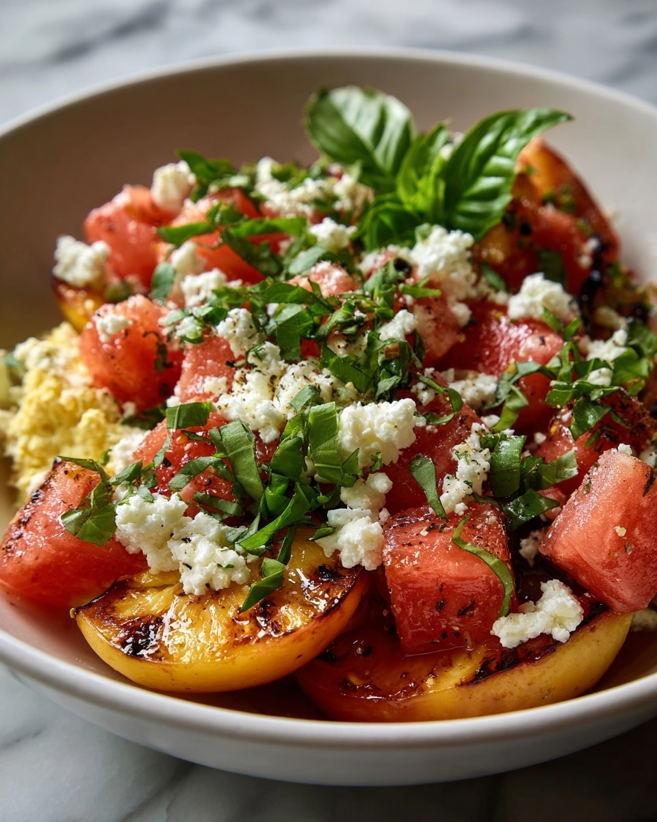 A white bowl filled with a colorful salad shows two main layers: large cubes of bright red watermelon making up most of the bottom and middle, and grilled peach slices with grill marks scattered evenly on top. Fresh green basil leaves are layered throughout, some whole and some chopped, adding color contrast. White crumbly cheese is sprinkled across the surface, giving texture and brightness. The bowl is set on a white marbled surface, and a green basil plant is visible around the bowl. Photo taken with an iphone --ar 4:5 --v 7