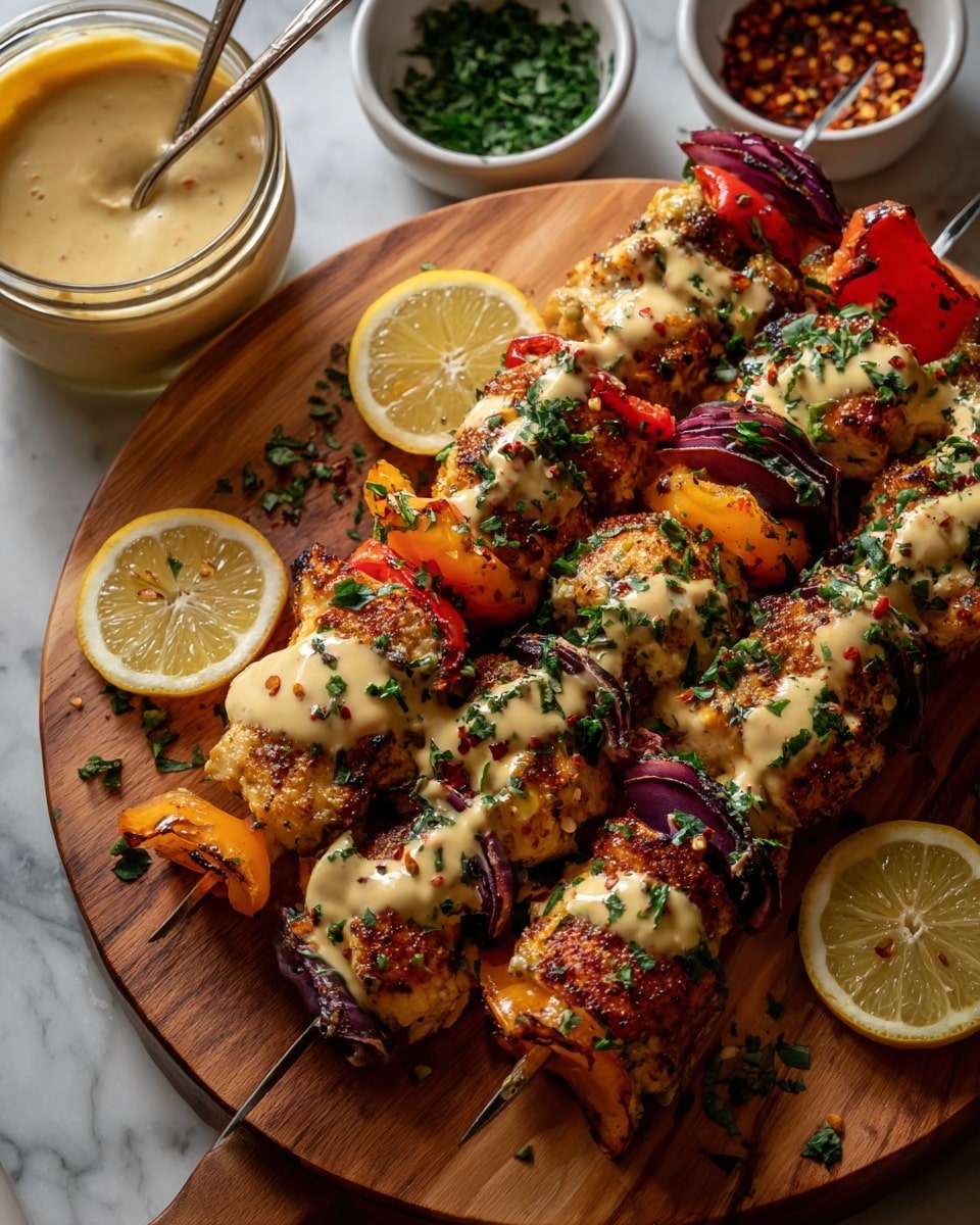 This image shows three metal skewers filled with layers of white grilled chicken pieces, bright red and yellow bell pepper chunks, and purple onion slices. The skewers are placed on a round wooden board with a few lemon slices around the edges. White sauce is drizzled lightly over the skewers, and chopped green herbs sprinkle the top. To the upper left, there is a jar with white sauce and a spoon inside. Small bowls with green herbs and red chili flakes are visible in the upper right corner. The whole scene is set on a white marbled surface. Photo taken with an iphone --ar 4:5 --v 7