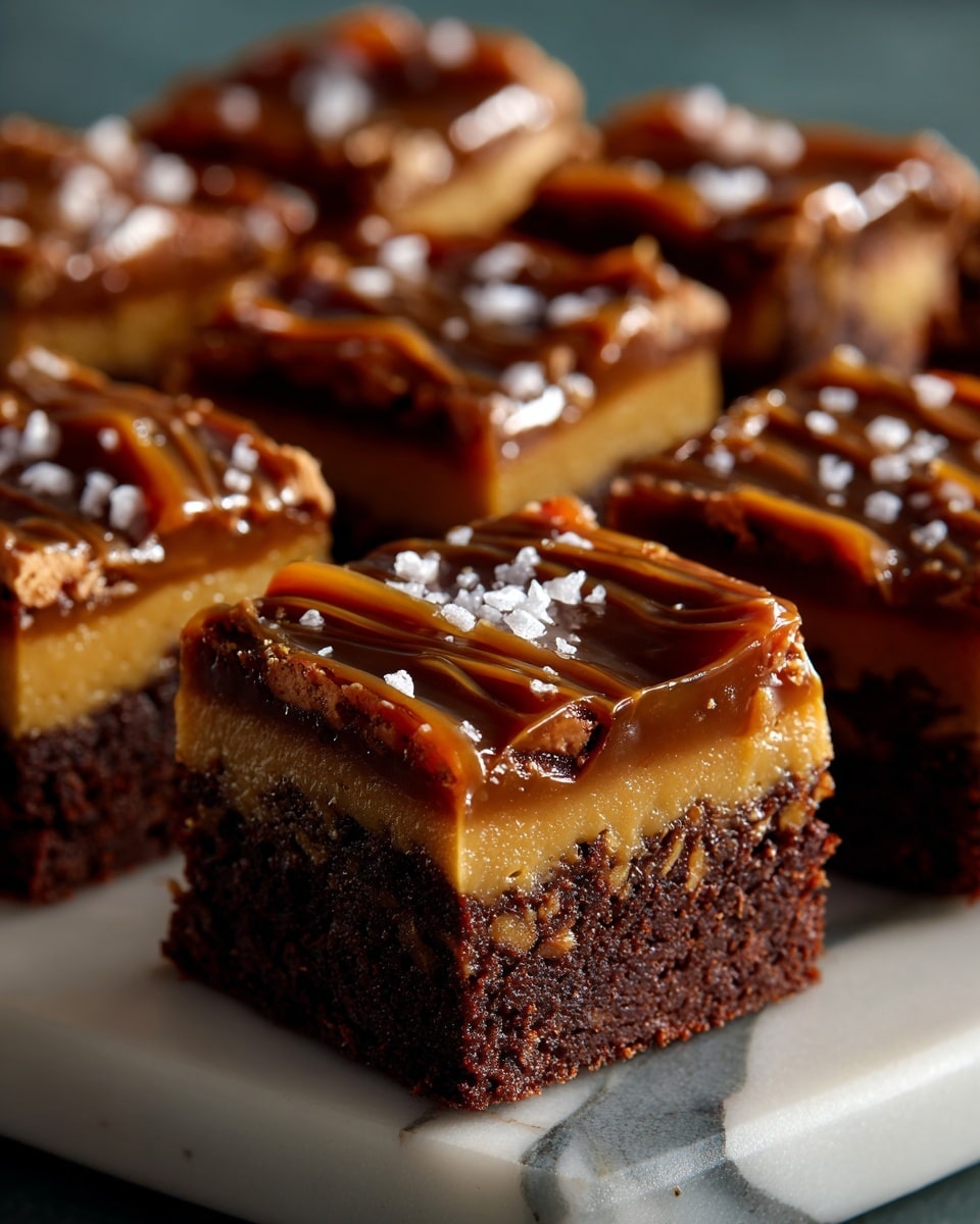 The image shows several square pieces of thick brownies placed on a white marbled surface. Each brownie has three visible layers: the bottom layer is a dark brown dense cake, the middle layer is a light caramel spread, and the top layer is a golden-brown crust with swirls of melted caramel glossy in look. Some brownies are sprinkled with a few flakes of white salt on top, adding texture and contrast. The close-up shot highlights the soft and slightly cracked surface of the top layer with the shiny caramel sitting unevenly over it. Photo taken with an iphone --ar 4:5 --v 7