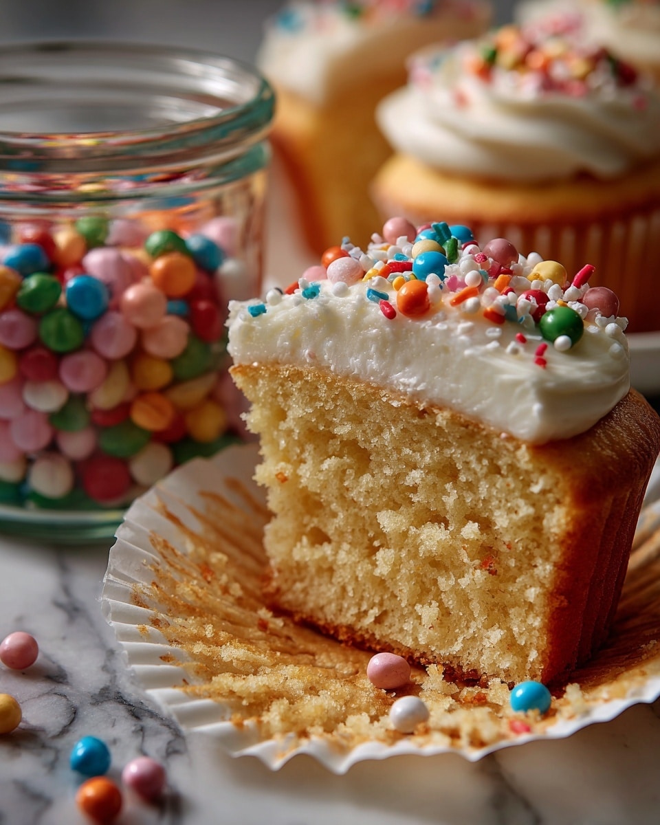 The image shows a close-up of a vanilla cupcake cut in half, exposing its soft, light yellow, and fluffy texture inside. The top layer has a thick layer of white frosting that looks smooth and creamy, decorated with colorful round sprinkles in red, green, yellow, blue, purple, orange, and pink scattered on top. The cupcake sits on a white paper liner with some cupcake crumbs scattered around it on a white marbled surface. In the background, there is a small glass container filled with the same colorful sprinkles scattered on the cupcake. Photo taken with an iphone --ar 4:5 --v 7