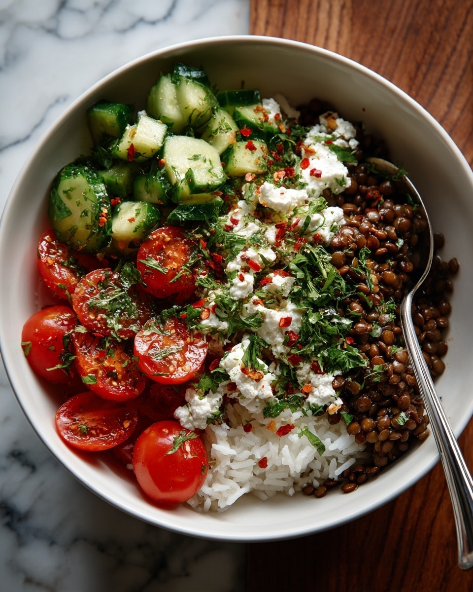 A white bowl filled with layers starting at the bottom with white rice, topped on the left with bright green diced cucumber, then rich red cherry tomato halves on the top left and top right side. On the right side there is a heap of small, black lentils covered with white crumbled cheese and sprinkled with green herbs and red chili flakes. The dish is vibrant with fresh colors and textures, placed on a white marbled surface with some small bowls of green herbs around. A shiny metal spoon rests inside the bowl. Photo taken with an iphone --ar 4:5 --v 7