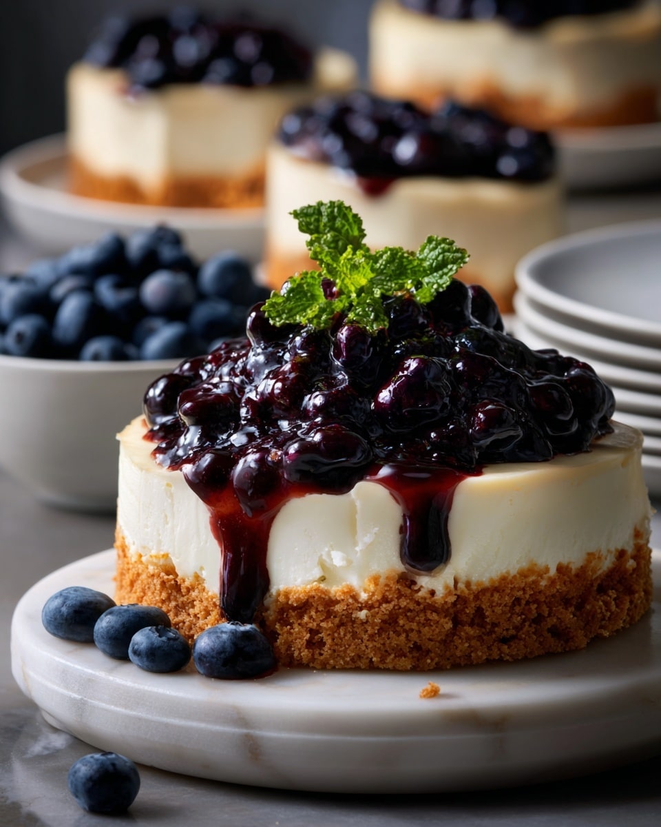 A round cheesecake with three layers sits on a white marbled board; the bottom layer is a light brown crumbly crust, the middle layer is thick and creamy white cheesecake, and the top layer is a glossy deep purple-blue blueberry sauce with whole blueberries piled high, some sauce dripping down the sides. A fresh green mint leaf sits on top of the blueberries. A slice is cut out to show the smooth cheesecake inside. Blueberries are scattered around the base, and in the background there are white dishes with more blueberries and a piece of cheesecake on a white marbled surface. photo taken with an iphone --ar 4:5 --v 7