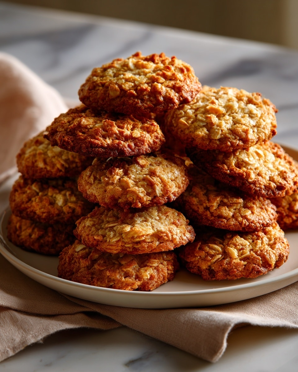 A white plate holds a pile of about twelve oatmeal cookies, stacked in layers where some cookies lie flat and others rest angled on top; the cookies are golden brown with visible oats creating a rough, textured surface. The plate sits on a soft light gray cloth with a white marbled background showing beneath. The cookies have an uneven round shape with a crunchy, coarse look, and small shadows highlight their thick edges. Photo taken with an iphone --ar 4:5 --v 7