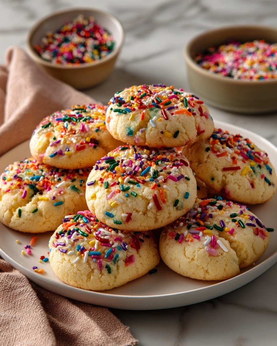 A white plate holds a stack of eight soft sugar cookies, each one round and slightly thick with a light golden edge and pale yellow center. On the top of each cookie, colorful sprinkles in shades of red, green, blue, purple, orange, yellow, pink, and white are scattered, adding a bright and cheerful look. The cookies overlap slightly in a loose circular pattern, showing the soft texture and a few small cracks. The plate rests on a light beige cloth and a white marbled surface, with a small dish of extra rainbow sprinkles positioned nearby. Photo taken with an iphone --ar 4:5 --v 7