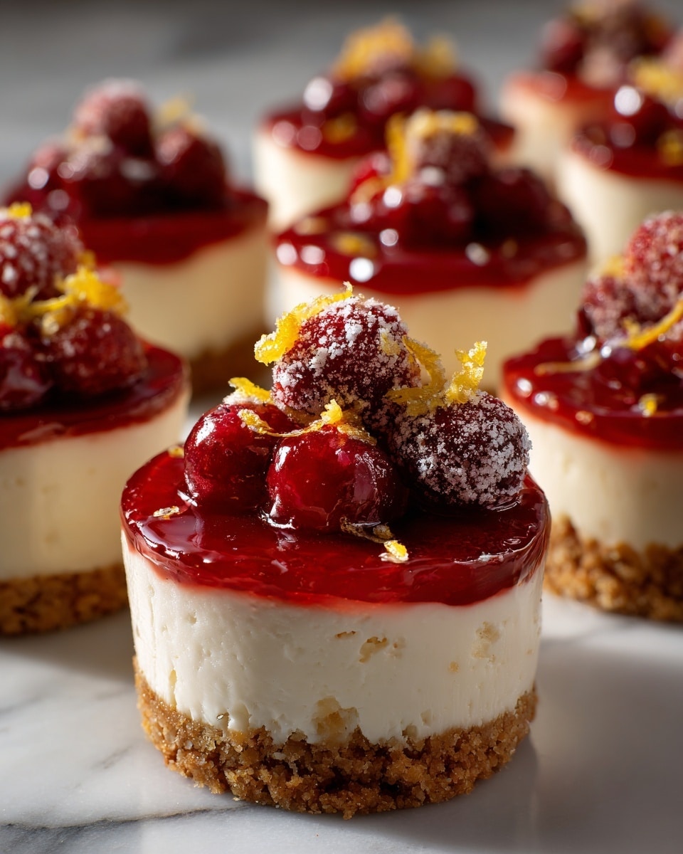 The image shows small round cheesecakes with three visible layers. The bottom layer is crumbly and brown, resembling a biscuit or graham cracker crust. The middle layer is thick, smooth, and white, looking like creamy cheesecake filling. The top layer is bright red and shiny, likely a berry sauce or jelly. On top of each cheesecake, there are several whole red berries dusted with a light white powder, and small pieces of orange zest add a pop of bright color. The cheesecakes sit on a white marbled surface. The focus is sharp on the front cheesecake, with the others blurred in the background. photo taken with an iphone --ar 4:5 --v 7