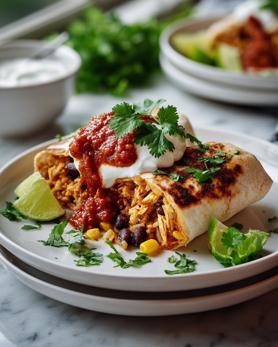 A white plate holds a burrito cut in half, revealing three visible layers inside: shredded chicken mixed with red beans and yellow corn, wrapped in a light golden toasted tortilla. On top of the burrito is a dollop of white sour cream and bright red chunky salsa spilling down the middle. Small green pieces of cilantro garnish the plate around the burrito, and lime wedges sit nearby. The plate rests on a stack of white plates on a white marbled surface, with a blurred background of green herbs and bowls of salsa. Photo taken with an iphone --ar 4:5 --v 7
