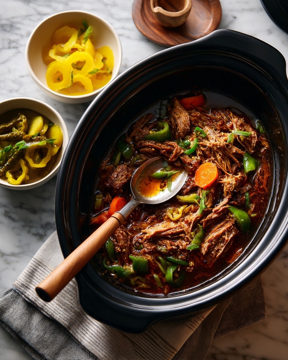 The image shows a large black slow cooker filled with shredded brown meat in a rich broth, topped with sliced green peppers and small orange carrot pieces with wavy edges. Two utensils with wooden handles rest inside the slow cooker, one is a fork on the left and the other is a spoon on the right. In the top left corner are two small white bowls, one filled with sliced yellow peppers and the other with green pickled peppers, placed on a white marbled surface. The overall colors are warm and earthy with a focus on the meat and vegetables in the slow cooker. Photo taken with an iphone --ar 4:5 --v 7