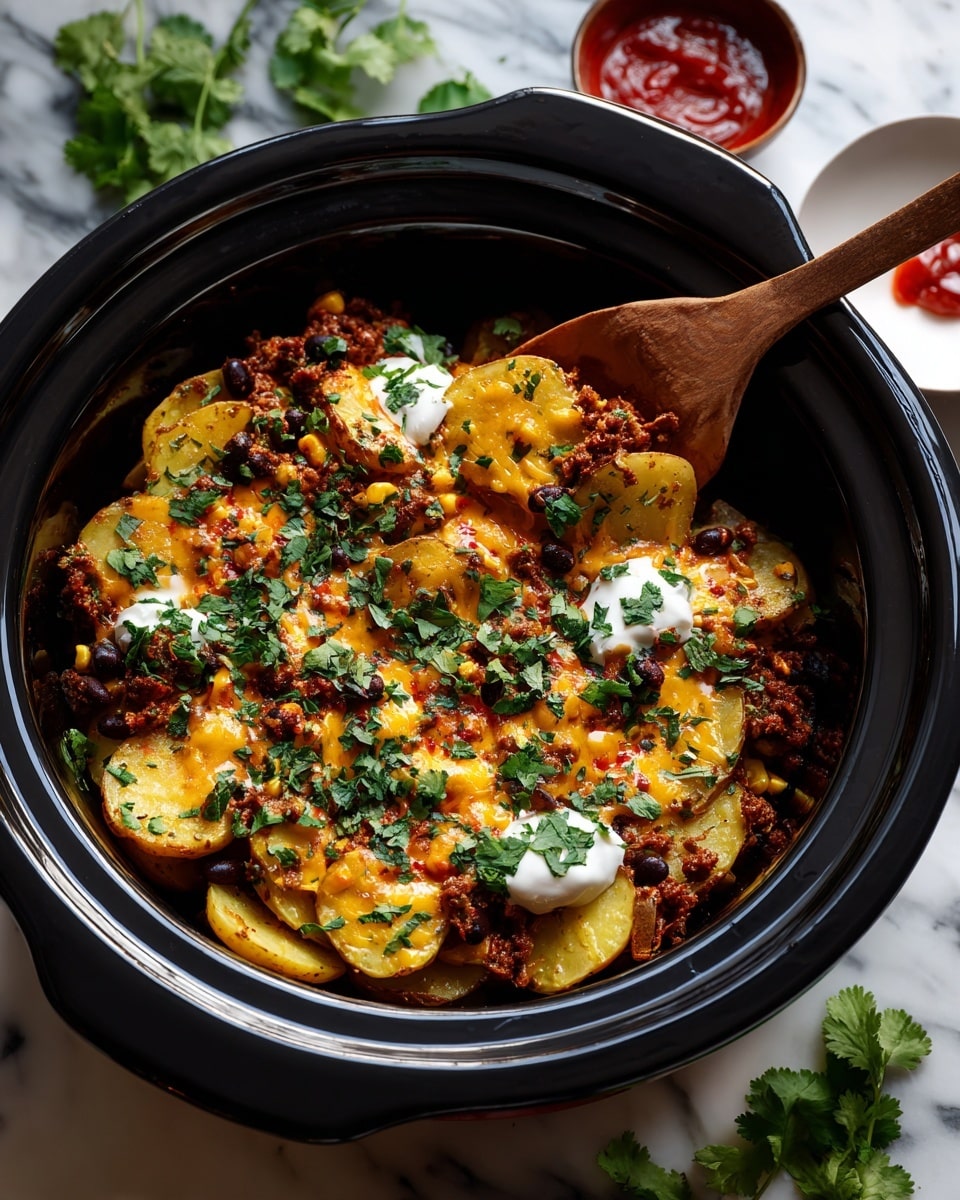 The image shows a slow cooker filled with a layered dish. The bottom layer has sliced light brown potatoes with a smooth texture, topped with cooked ground meat mixed with black beans and yellow corn. Over this is a thick layer of melted golden-yellow cheese and orange sauce spread unevenly across the dish. On top, there are three dollops of white sour cream placed evenly, along with fresh bright green cilantro leaves scattered around for garnish. A wooden spoon is scooping some of the food from the side, and the whole scene sits on a white marbled surface with some loose cilantro leaves and small white bowls containing orange sauce visible nearby. Photo taken with an iphone --ar 4:5 --v 7