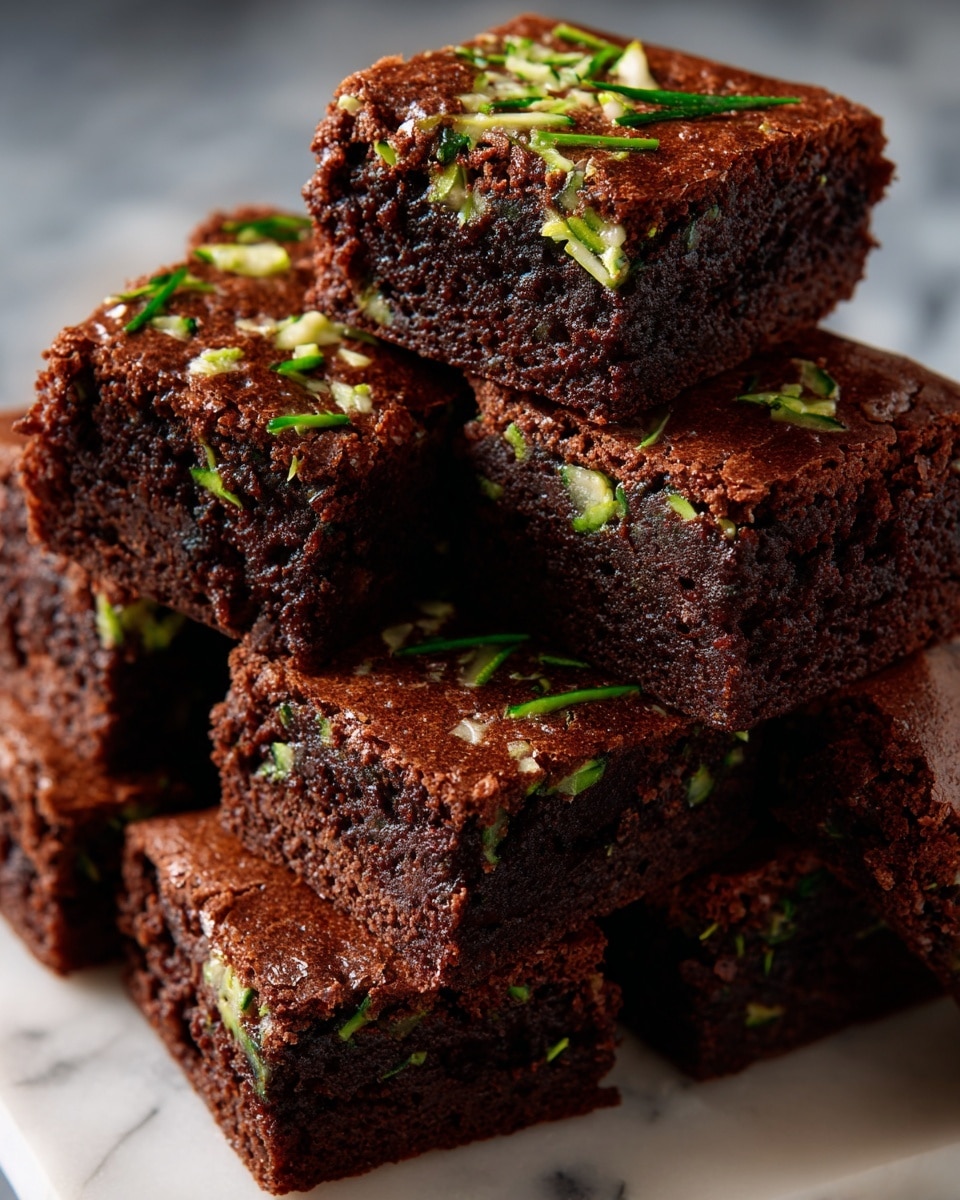 The image shows a stack of eight square chocolate brownies arranged in a slightly overlapping pile on a white marbled surface. Each brownie is thick with a dense and moist texture, dark brown in color, and has small bits of green zucchini visible throughout the top surface, adding a speckled pattern of light green and yellow. The edges of the brownies are slightly cracked, creating a rustic, homemade look, and the top surfaces have a shiny, slightly uneven crust. The lighting highlights the rich texture and depth of the brownies. photo taken with an iphone --ar 4:5 --v 7