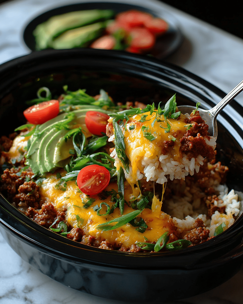 A close-up view of a black slow cooker filled with a layered dish featuring a base of cooked ground meat mixed with rice and beans, topped with bright orange melted cheese, small diced red tomatoes, and thinly sliced green onions. On top, there are also small slices of fresh green avocado and finely shredded white cheese. A spoon is lifting up a portion showing all the layers clearly, with the melted cheese stretching slightly. The background shows a white marbled surface. photo taken with an iphone --ar 4:5 --v 7