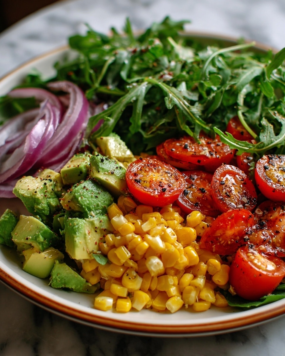 A white plate holds a colorful salad made of four main layers. The bottom layer is bright yellow corn kernels, mixed with chunks of light green avocado and small pieces of red onion. On top of this, several slices of halved cherry tomatoes add a deep red color with a slightly roasted texture. The final layer consists of fresh green leaves scattered over the salad for texture and color contrast. The dish is lightly speckled with ground pepper, making it look fresh and simple. The plate sits on a surface with a white marbled texture. Photo taken with an iphone --ar 4:5 --v 7