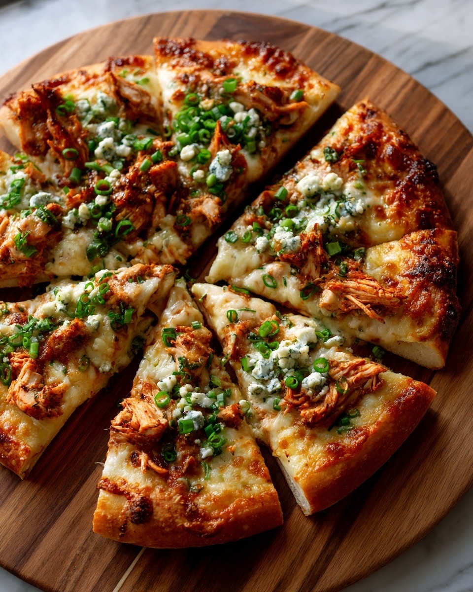 A round pizza is shown on a wooden board placed on a white marbled texture surface. The pizza has one crust layer, which is golden brown and slightly thick. On top, there is an even layer of melted cheese with a light golden color, covering the base. Scattered over the cheese are pieces of shredded orange-colored chicken and small bits of bluish-white cheese. Green chopped spring onions are sprinkled evenly across the pizza. The pizza is cut into slices, and the texture looks crispy on the edges and soft toward the center. Photo taken with an iphone --ar 4:5 --v 7