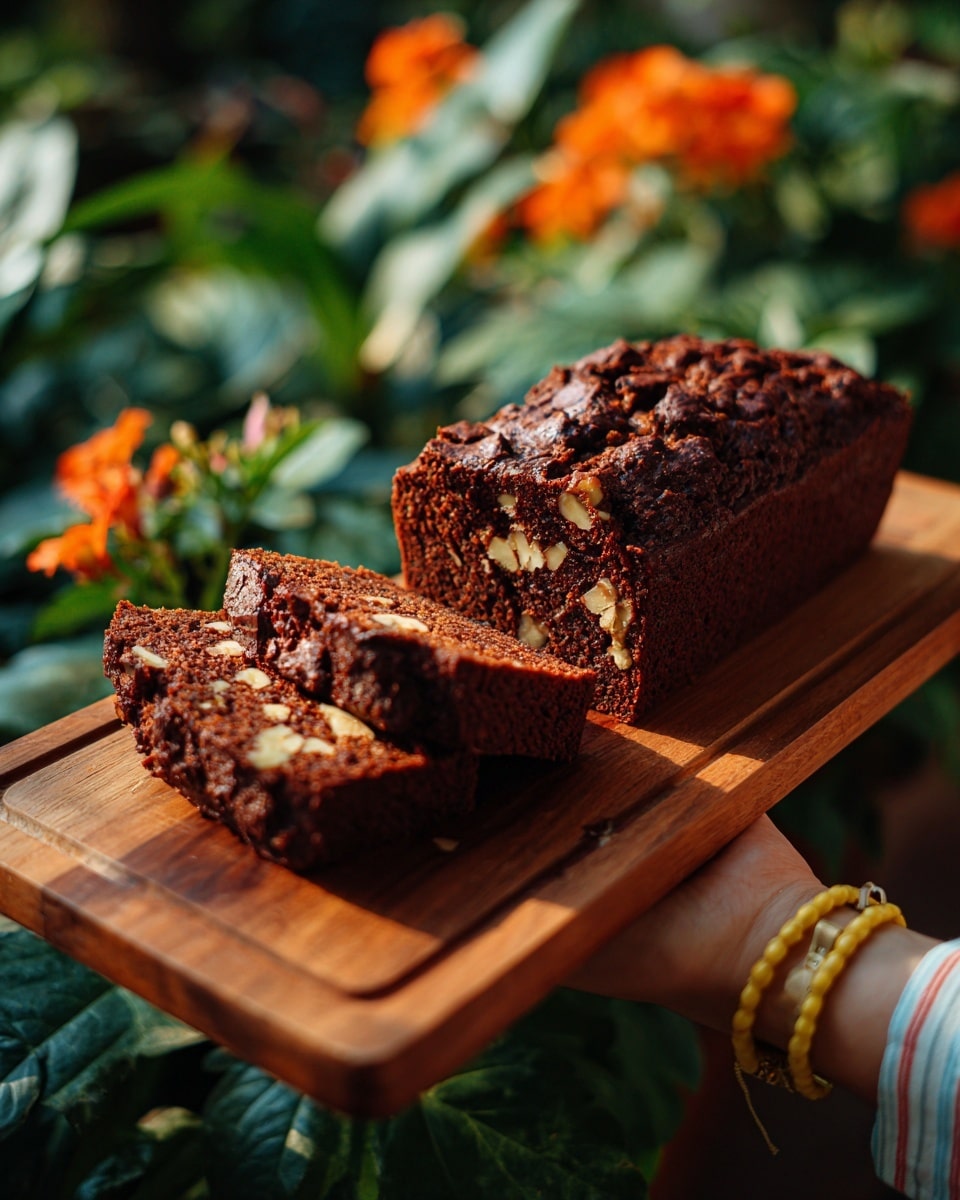A loaf of chocolate cake with two slices cut from it is shown resting on a wooden board held by a woman's hand with a yellow bracelet. The cake has a cracked, shiny brown top layer with a soft, rich dark brown inside filled with light brown nut pieces scattered throughout. The toasted wooden board contrasts with the cake’s dark colors, and the background shows green plants and orange flowers, adding vibrant color. The board is partially covered with a white and yellow striped cloth. photo taken with an iphone --ar 4:5 --v 7