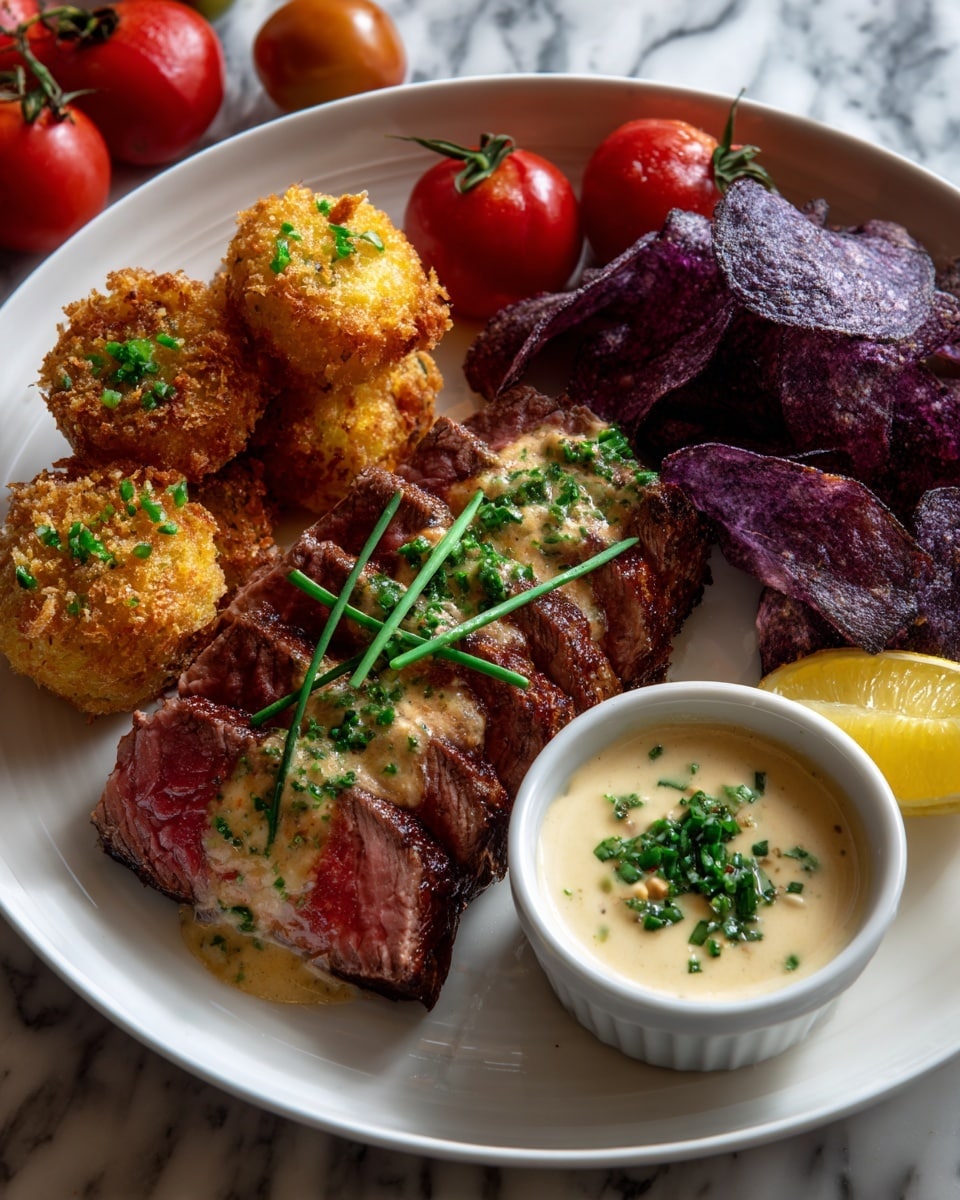 The dish is served on a white plate with blue floral patterns, placed on a white marbled surface. On the plate, there are six pieces of sliced steak arranged in a fan shape on the left side, showing a pink center with a dark brown crust and sprinkled with green herbs. Below the steak, there is a stack of six golden-brown fried rounds, also garnished with green herbs. On the right side of the plate, a large pile of purple potato chips with a dusting of salt and green herbs fills the space. In the upper right corner of the plate, there is a small white bowl filled with white dipping sauce beside a lemon wedge. Around the plate, colorful heirloom tomatoes in red and green add a fresh touch. Photo taken with an iphone --ar 4:5 --v 7