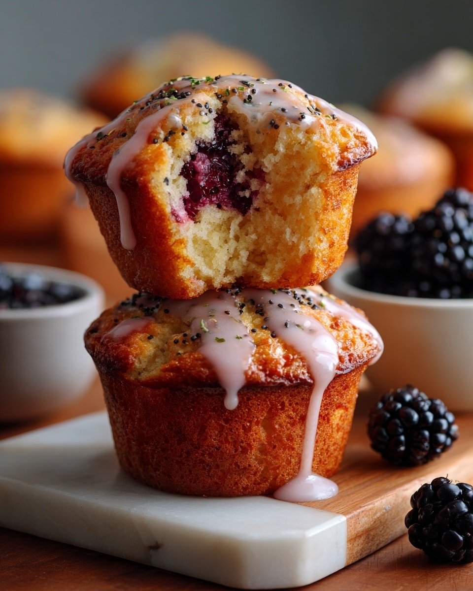 The image shows a stack of two muffins on a white wooden board with a white marbled background. The top muffin is cut in half, showing a soft, yellow inside with poppy seeds and dark red to black blackberries inside. Both muffins have a light pink glaze on top that drips down the sides. Around the board, there are extra blackberries adding a fresh touch. The textures are soft and moist inside with the shiny glaze on top. Photo taken with an iphone --ar 4:5 --v 7