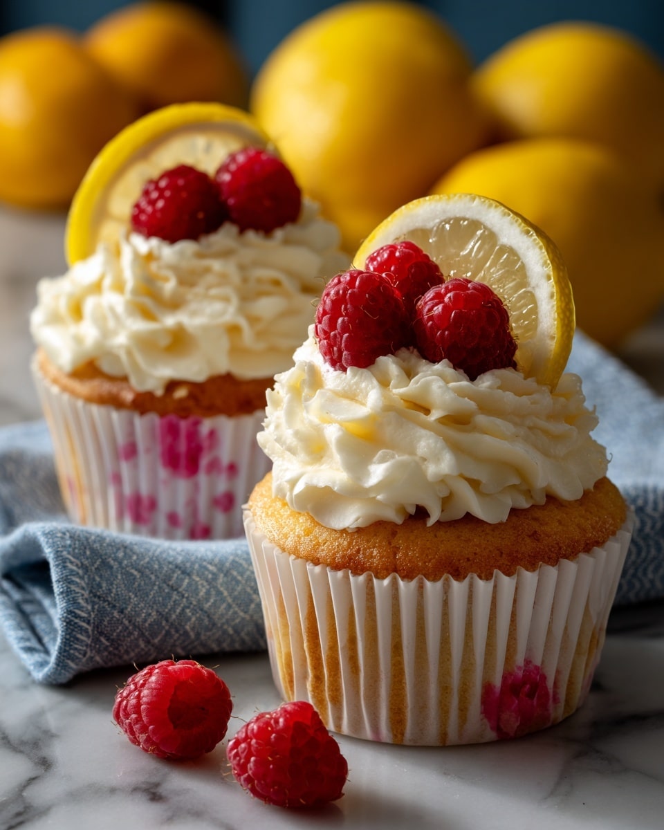 A close-up shows two cupcakes each with a base of light yellow cake in white paper liners with red spots. On top of each cupcake is a thick swirl of white whipped cream, topped with a thin, round slice of yellow lemon, and then three bright red raspberries arranged on the lemon slice. Around the cupcakes are a few loose raspberries, and the surface underneath is a white marbled texture with a light blue cloth partially visible. A blurred background shows two yellow lemons. photo taken with an iphone --ar 4:5 --v 7