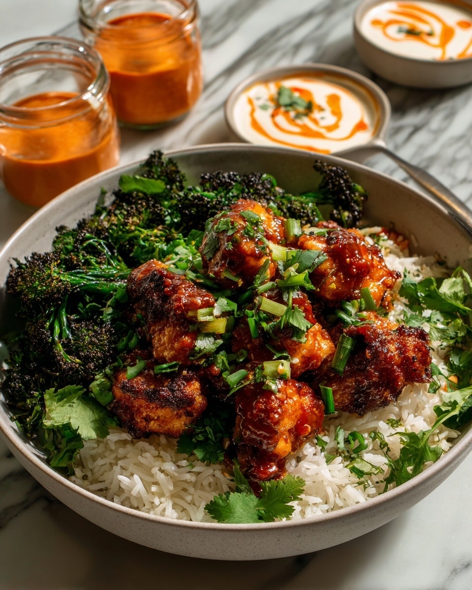 A white bowl sits on a white marbled surface, filled with three layers of food: at the bottom is a bed of white rice, above that are bright green roasted broccoli florets with some charred spots, and on top are many pieces of crispy fried chicken coated in a shiny reddish-orange sauce. The chicken pieces have a rough, crunchy texture and are garnished with chopped light green scallions and fresh cilantro leaves. Next to the bowl on the surface are clear containers of sauce and a spoon with red sauce, adding color contrast to the scene. The photo taken with an iphone --ar 4:5 --v 7