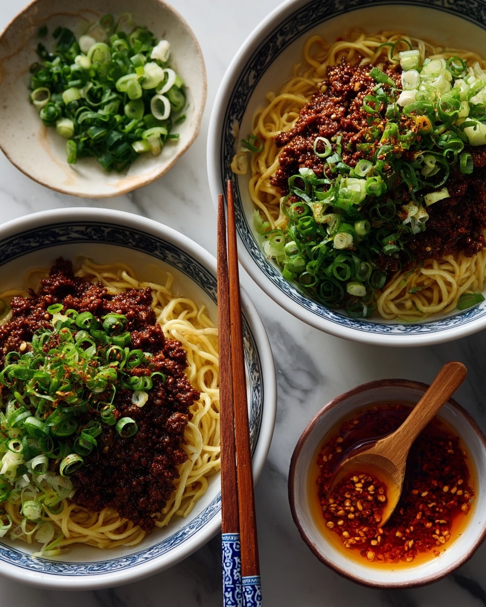 Two bowls of noodles sit on a white marbled surface, each bowl white with blue patterns on the outside. The bottom layer in each bowl is light brown noodles, twisted and filling the bowl. On top of the noodles is a thick layer of cooked minced meat browned with bits of green herbs mixed in. There are fresh green sliced spring onions scattered on top, some long pieces resting on the meat. Each bowl has a pair of wooden chopsticks with blue and white decorated handles resting on the side. Nearby is a small white dish with chopped spring onions and a white spoon in another small dish filled with a red chili oil sauce containing chili flakes and a clove of garlic. Photo taken with an iphone --ar 4:5 --v 7